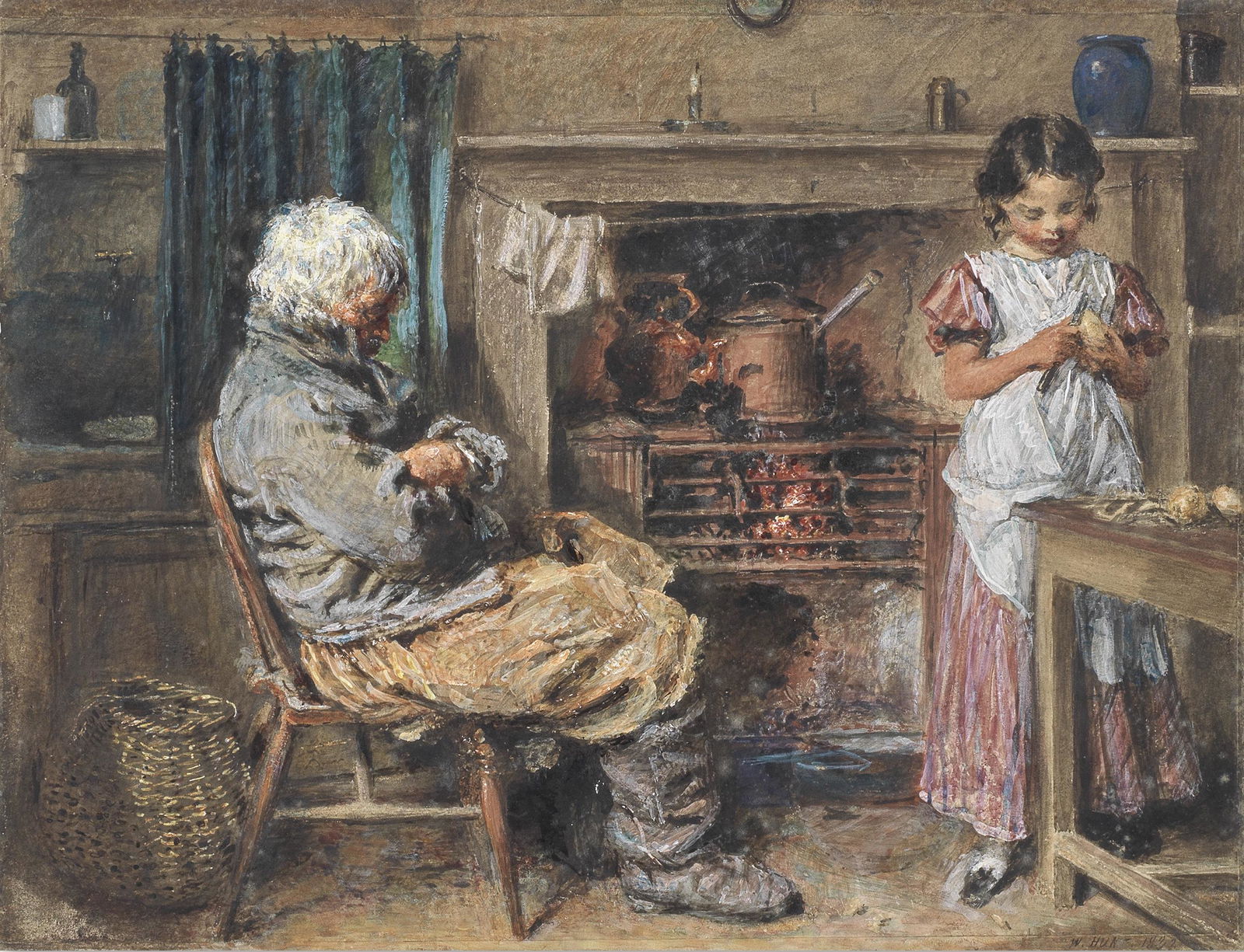 William Henry Hunt, OWS (British, 1790-1864) Interior of a kitchen: William Henry Hunt, OWS (British, 1790-1864) Interior of a kitchen signed and dated 'W.HUNT 1832' (lower right) watercolour and scratching out heightened with white 28 x 37.5cm (11 x 14 3/4in). Foot
