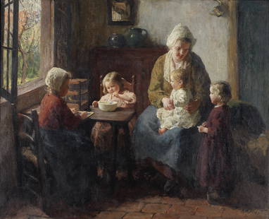 Bernard Pothast (Dutch, 1882-1966) Interior with a young family group: Bernard Pothast (Dutch, 1882-1966)Interior with a young family groupsigned 'B Pothast' (lower right) oil on canvas 50.2 x 60cm (19 3/4 x 23 5/8in).This lot is subject to the following lot symbols: