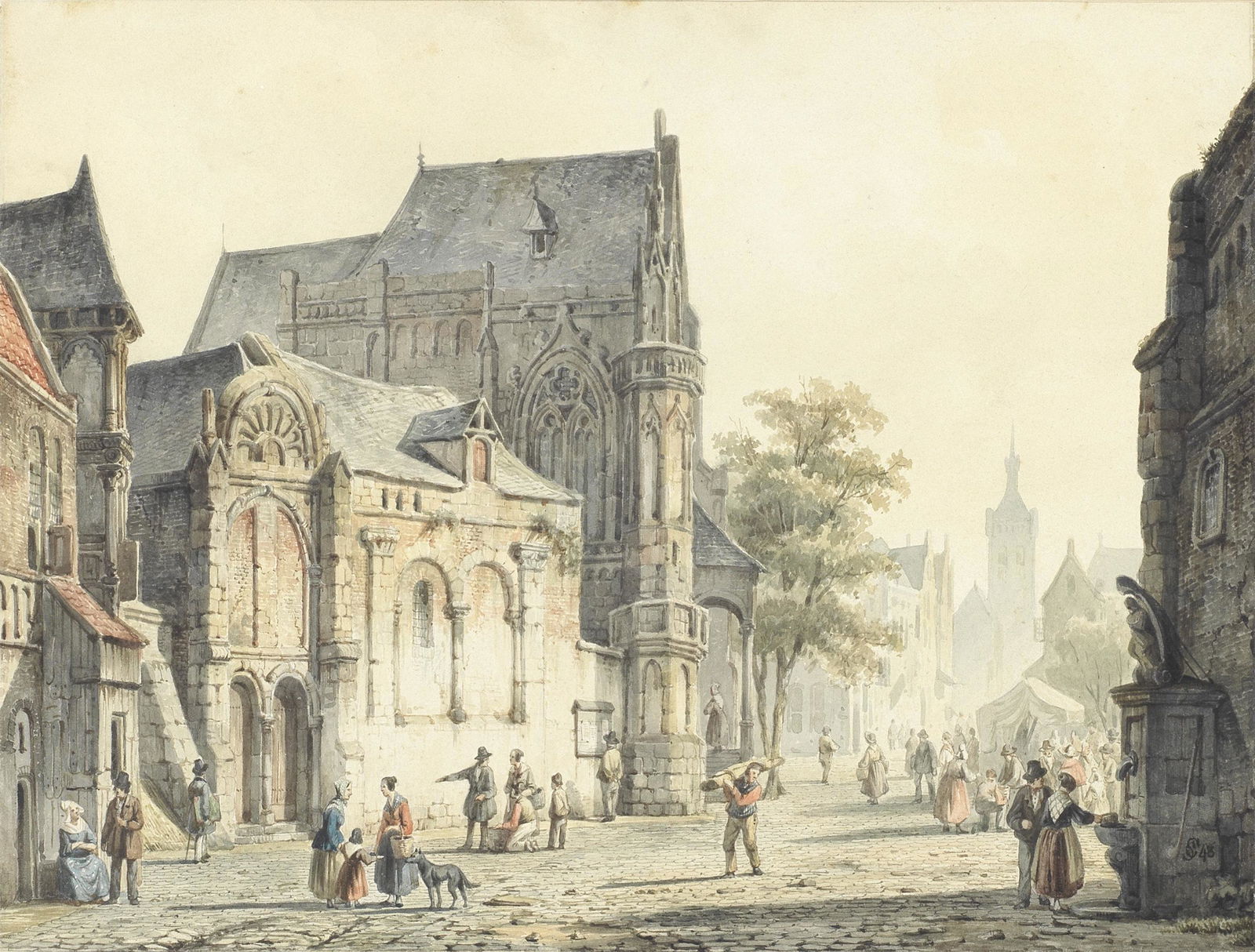 Cornelis Springer (Dutch, 1817-1891) A market place, continental town: Cornelis Springer (Dutch, 1817-1891) A market place, continental town signed with monogram and dated '48' (lower right) watercolour 22.5 x 30.1cm (8 7/8 x 11 7/8in).