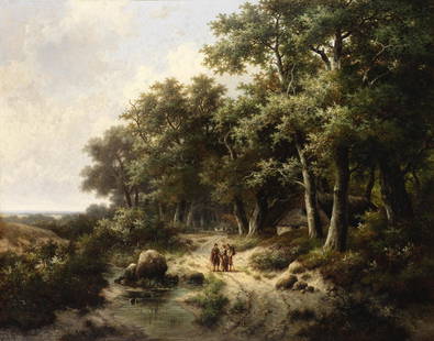 Hendrik Pieter Koekkoek (Dutch, 1843-1927) Travellers on a woodland path: Hendrik Pieter Koekkoek (Dutch, 1843-1927) Travellers on a woodland path signed 'H.P.Koekkoek' (lower right) oil on canvas 91.7 x 118.1cm (36 1/8 x 46 1/2in). Footnotes: Provenance