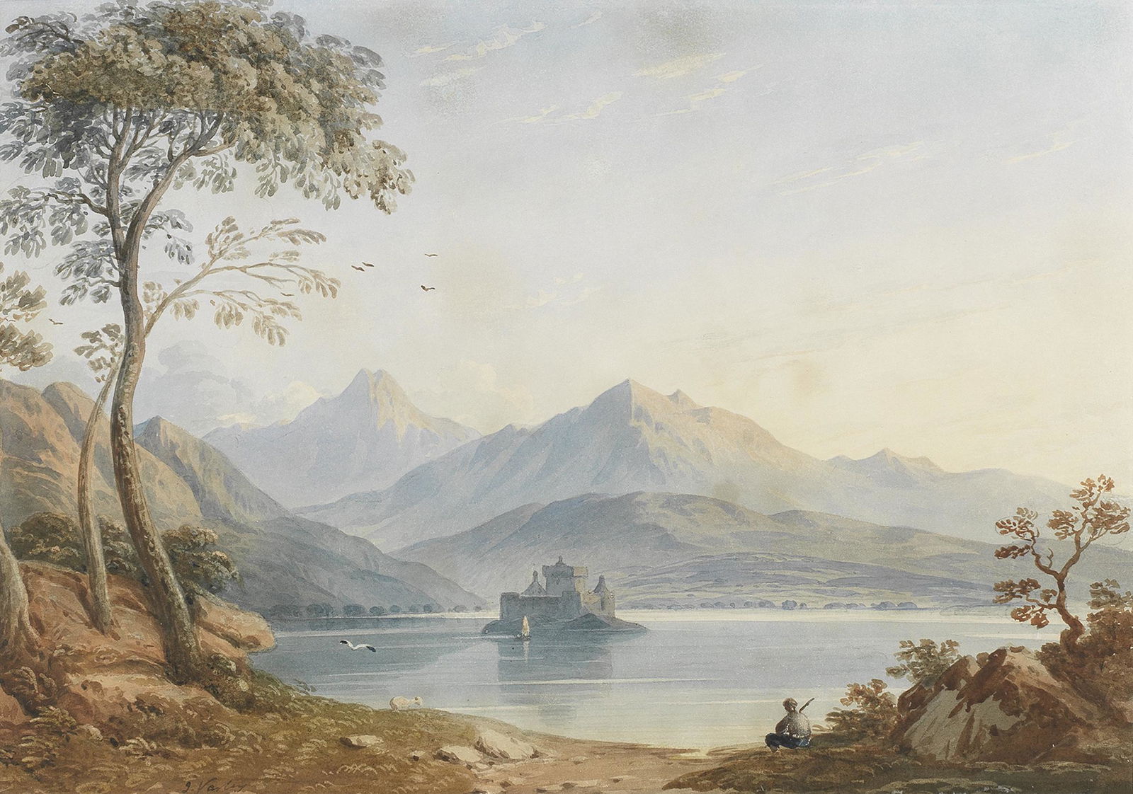 John Varley OWS (British, 1778-1842) Loch landscape with castle traditionally identified as Kilc...: John Varley OWS (British, 1778-1842) Loch landscape with castle traditionally identified as Kilchurn Castle on Loch Awe, Argyllshire signed 'J.Varley' (lower left) watercolour, pencil and scratching o