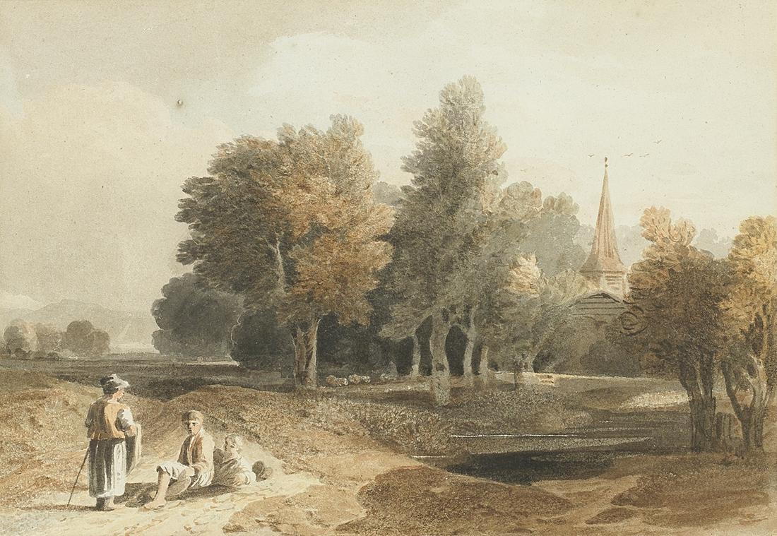 John Varley OWS (British, 1778-1842) Travellers resting on a country path: John Varley OWS (British, 1778-1842) Travellers resting on a country path watercolour and scratching out 17.8 x 26cm (7 x 10 1/4in). Footnotes: Provenance With John Spink, London.