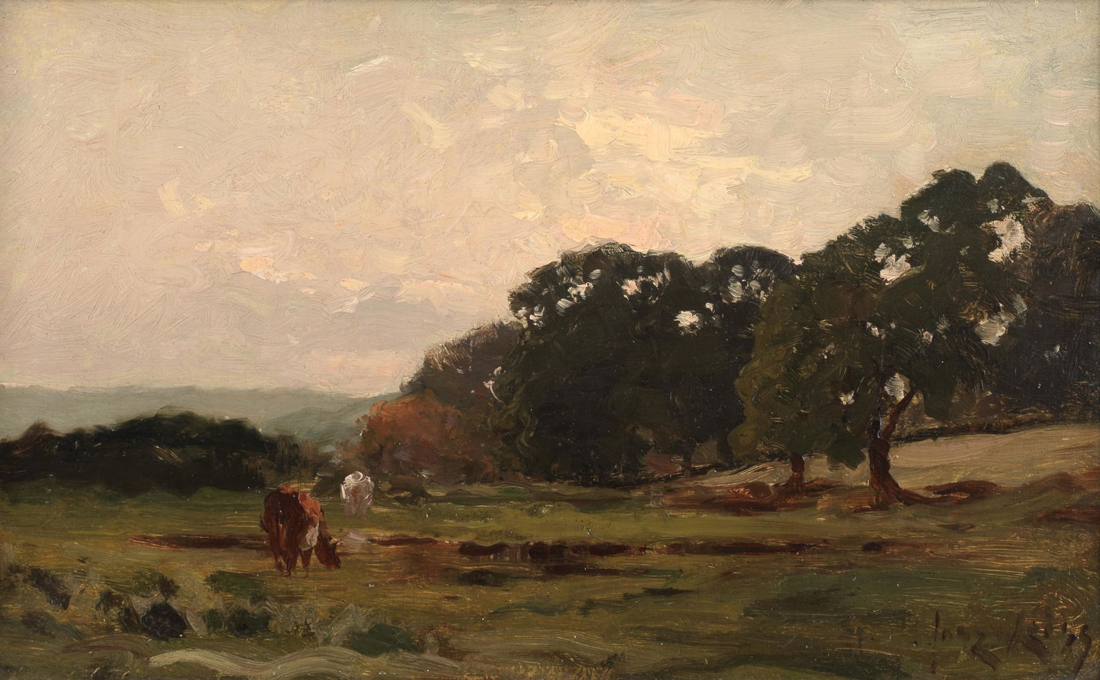 José Weiss (British, 1859-1919) Landscape with cattle grazing; River landscape, a pair the ...: José Weiss (British, 1859-1919) Landscape with cattle grazing; River landscape, a pair both signed 'Jose Weiss' (one lower right, the other lower left) oil on panel the first 16.5 x 27.3cm (6 1/2