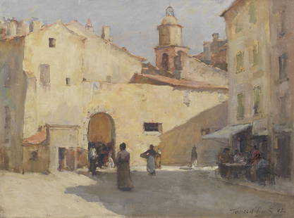 Terrick John Williams, RA (British, 1860-1936) 'The entrance to the market, St Tropez': Terrick John Williams, RA (British, 1860-1936)'The entrance to the market, St Tropez' signed and dated 'Terrick Williams 95.' (lower right); inscribed with title and artist's address 'The Entrance to