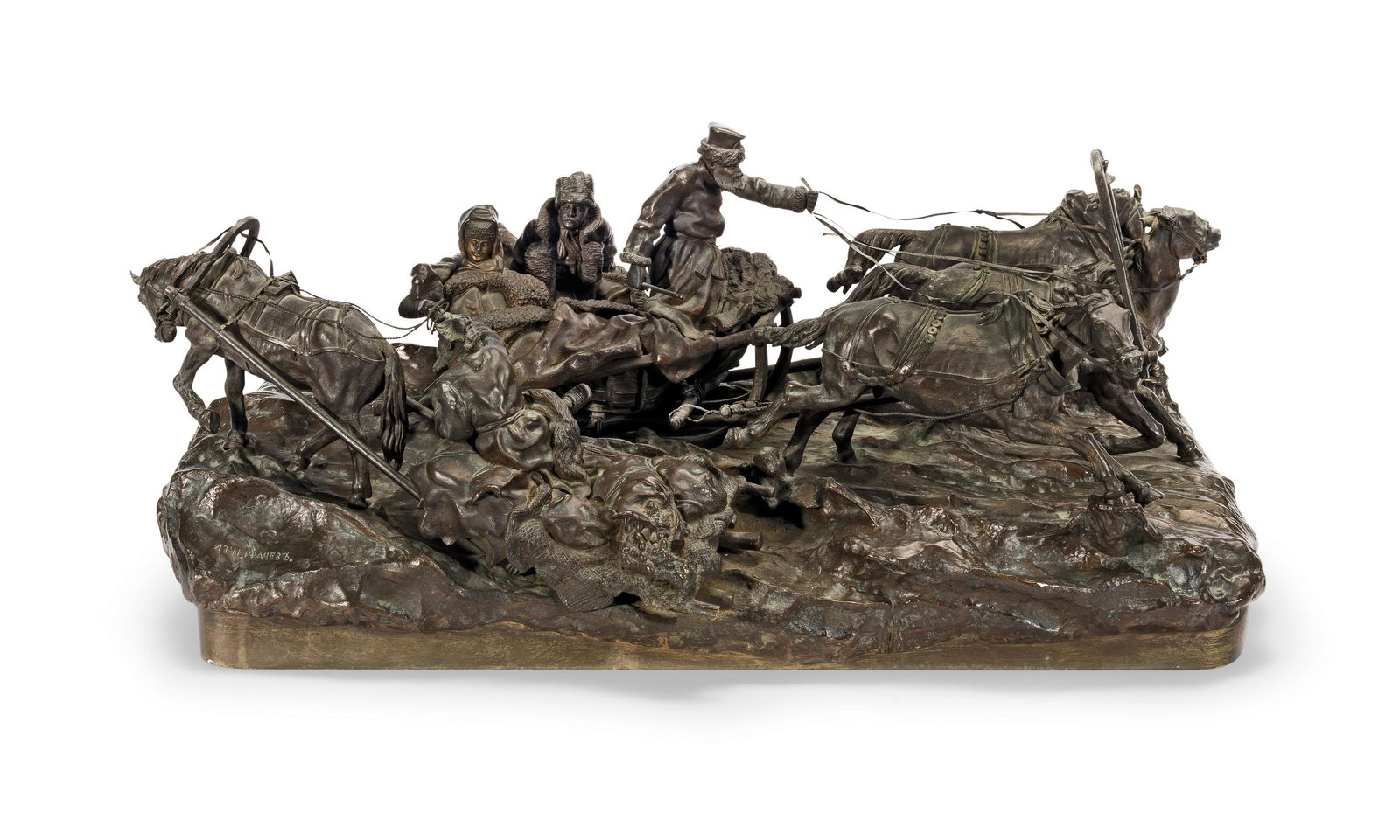Vassili Yacovlevitch Grachev (Russian, 1831-1905): A patinated bronze figural group of a troika ...: Vassili Yacovlevitch Grachev (Russian, 1831-1905): A patinated bronze figural group of a troika passing a peasant sleigh The former drawn by three horses, the latter by a single horse, on a rectangula