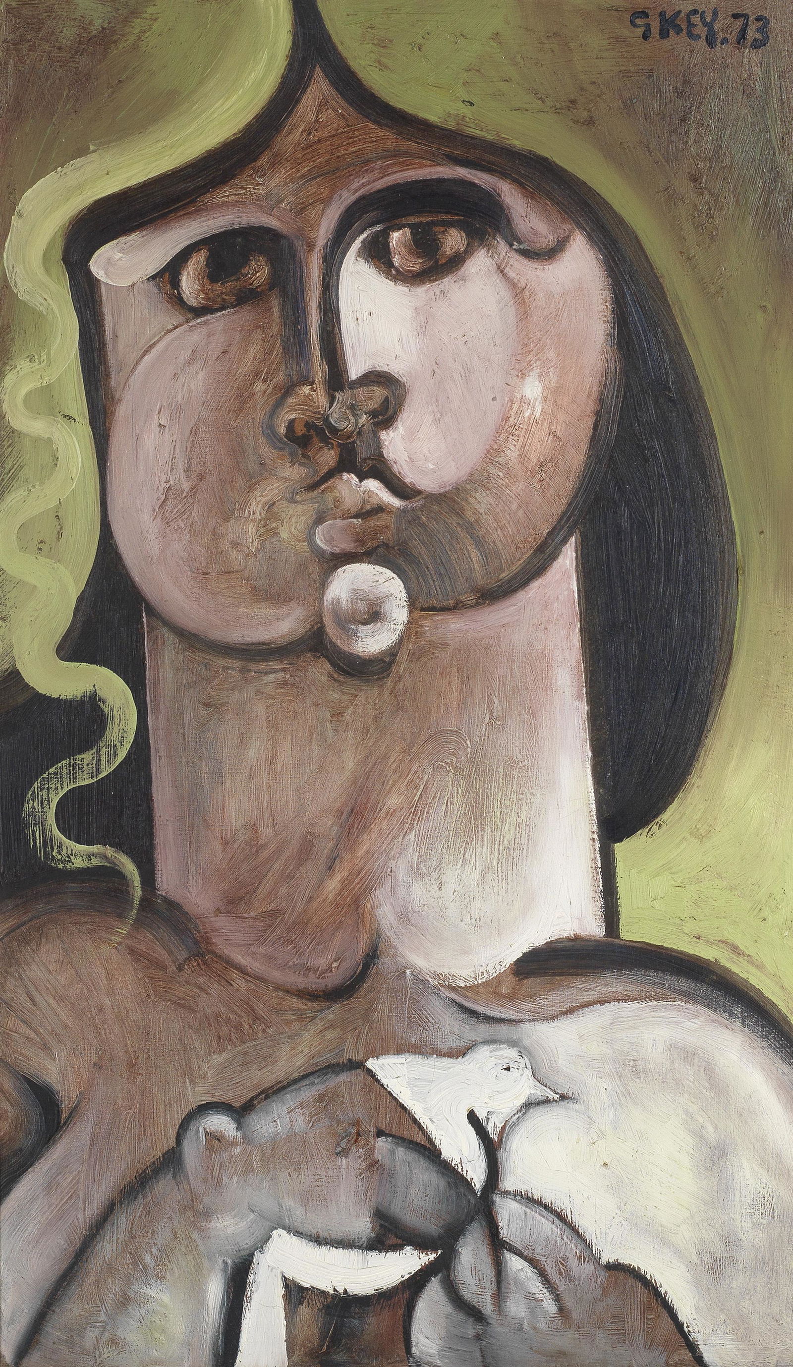Geoffrey Key (British, born 1941) Girl with Dove: Geoffrey Key (British, born 1941) Girl with Dove signed and dated 'G KEY.73' (upper right) oil on canvas 76 x 46cm (29 15/16 x 18 1/8in). Footnotes: Provenance With Salford Museum