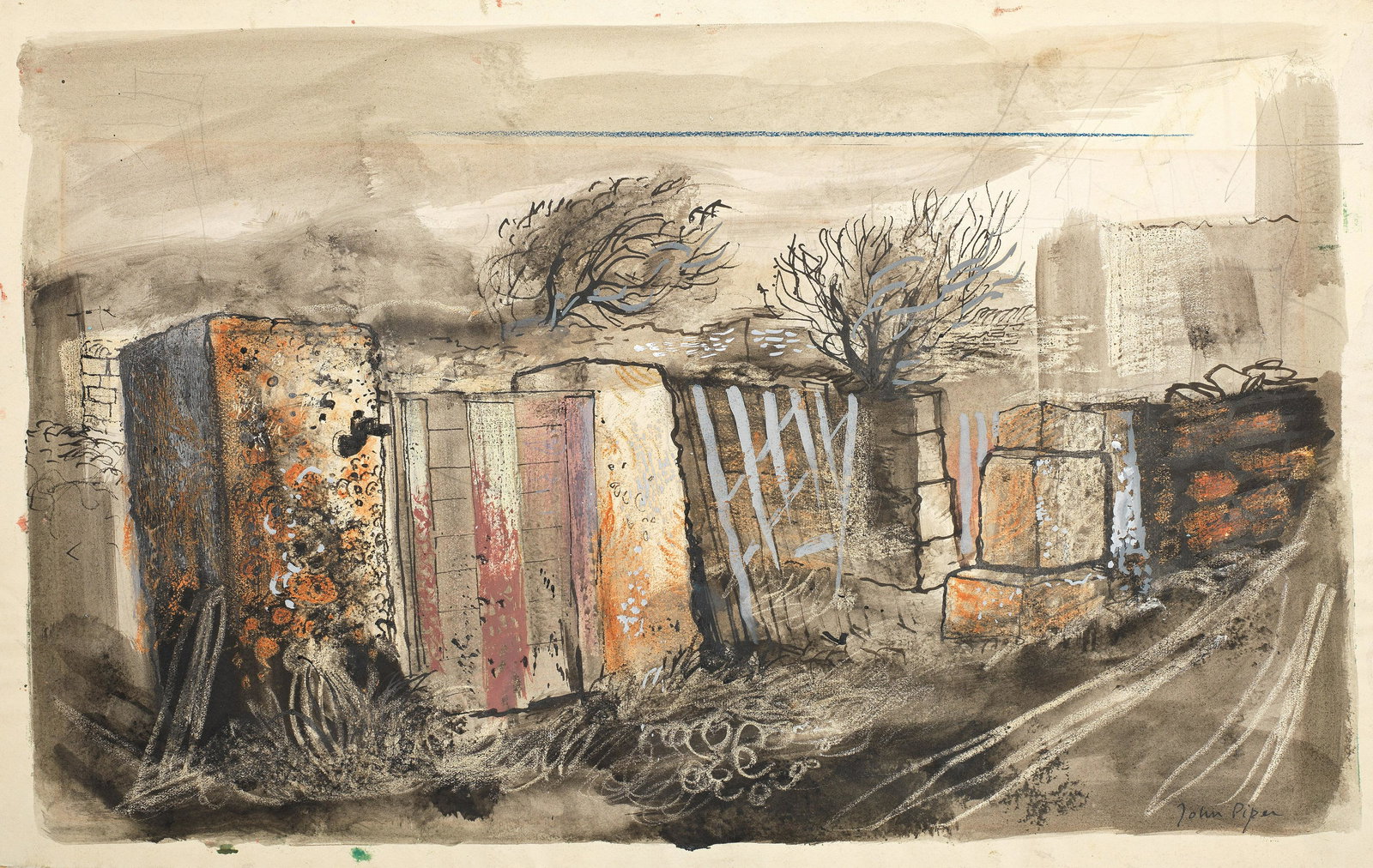 John Piper C.H. (British, 1903-1992) Pigsty, Portland (unframed): John Piper C.H. (British, 1903-1992) Pigsty, Portland signed 'John Piper' (lower right) watercolour, gouache, ink, pen and ink, pastel and pencil on paper 38.5 x 57cm (15 3/16 x 22 7/16in). (unframed)