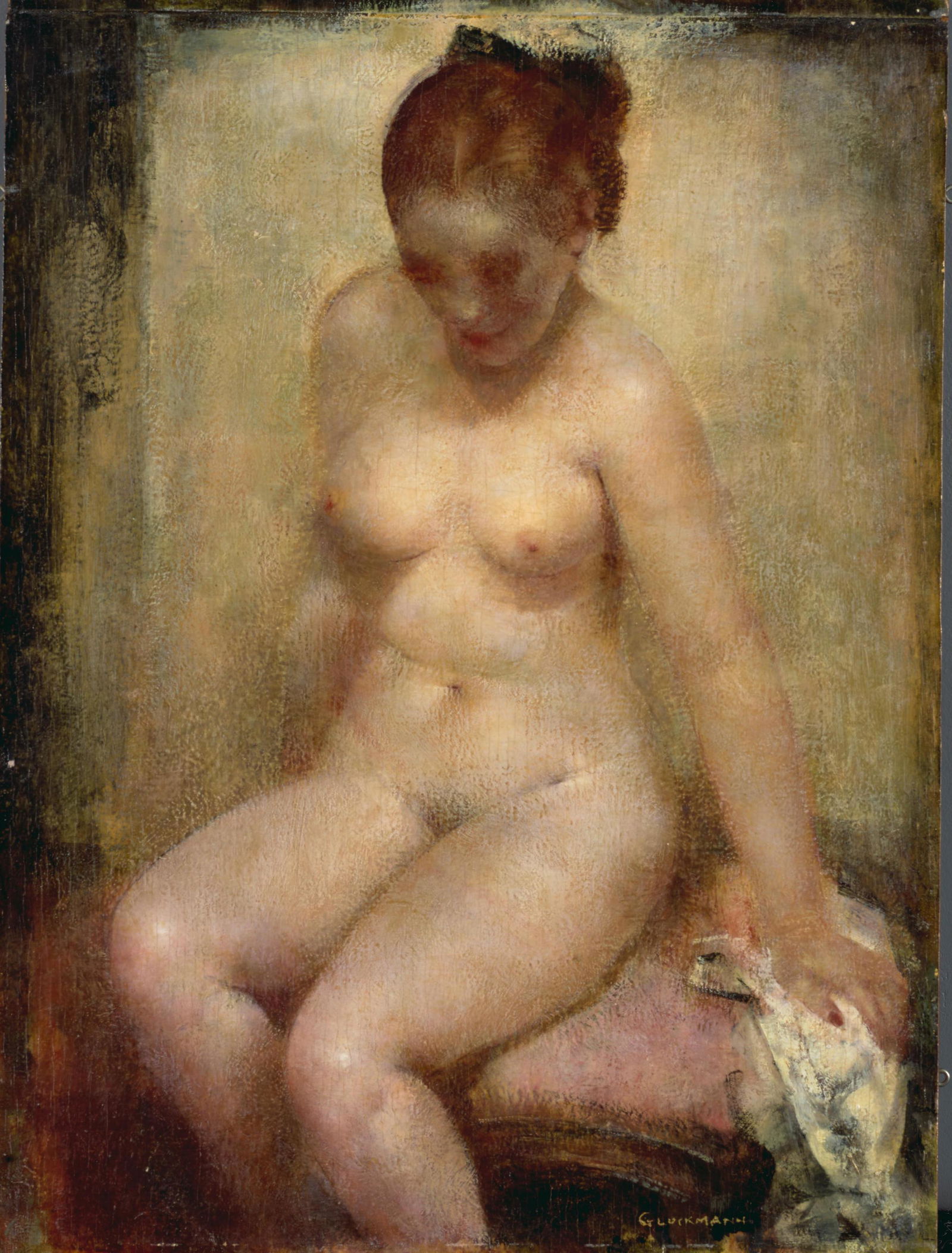 GRIGORY GLUCKMANN (1898-1973) Seated Nude with a Black Ribbon in Her Hair 16 15/16 x 12 9/16 in ...: GRIGORY GLUCKMANN (1898-1973) Seated Nude with a Black Ribbon in Her Hair signed 'Gluckmann' (lower right) oil on panel 16 15/16 x 12 9/16 in (43 x 31.9 cm) Painted in 1951 Footnotes: Provenance