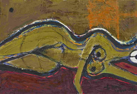 Gebre Kristos Desta (Ethiopie, 1931-1981): Gebre Kristos Desta (Ethiopie, 1931-1981)Reclining Female Figure1963signé et daté 'Desta 1963' en bas à droite huile sur isorelle signed and dated 'Desta 1963' lower rightoil on