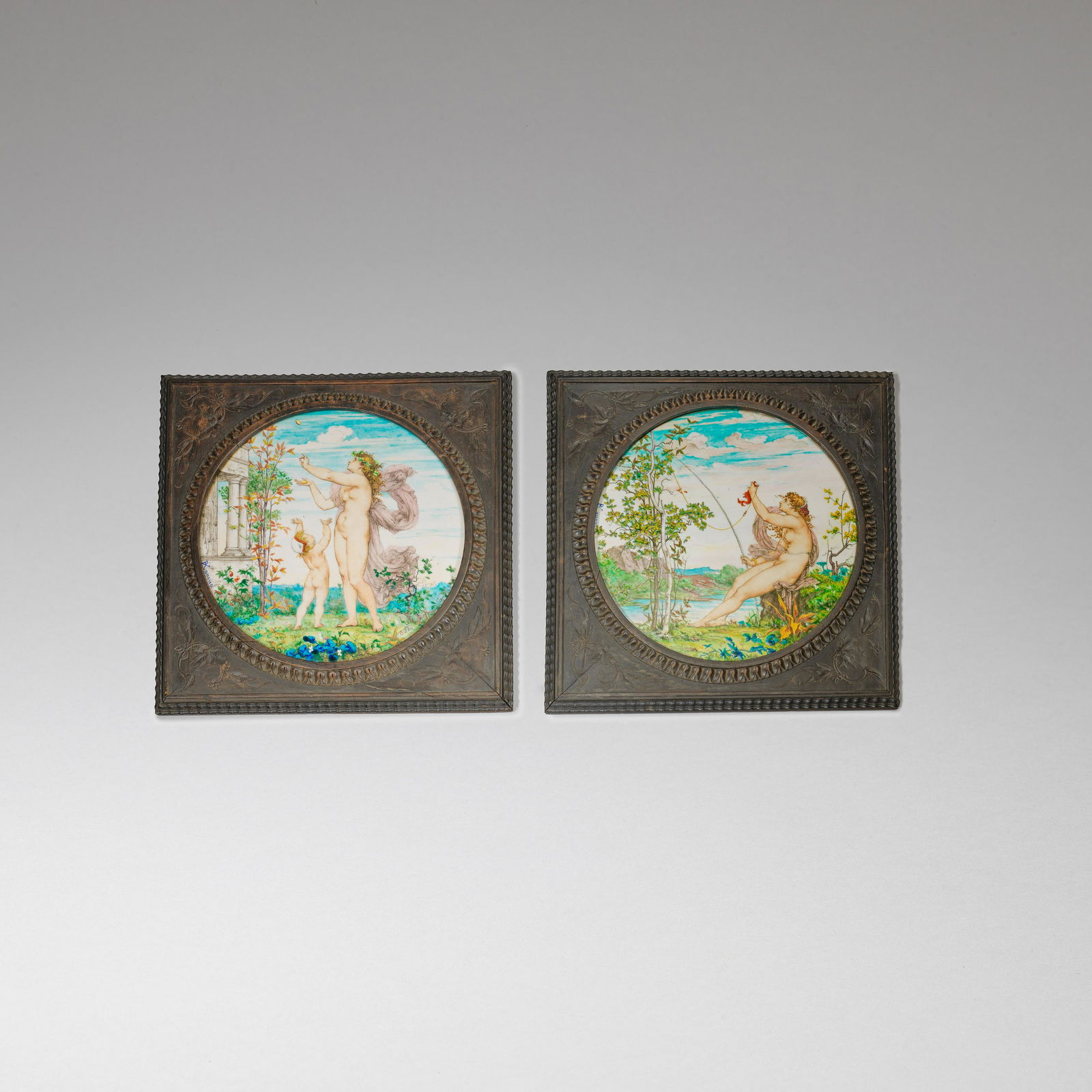 Théodore Deck and Joseph-Victor Ranvier Two pictorial ceramic plaques, 1867: Théodore Deck and Joseph-Victor Ranvier Two pictorial ceramic plaques, 1867 Faience pottery, hand-painted in natural colours and glazed; one depicting a nude woman fishing in a landscape, the oth