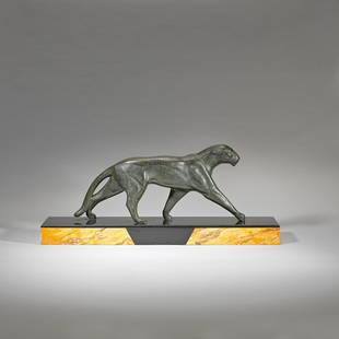 Michel Decoux Panther sculpture, circa 1925: Michel Decoux Panther sculpture, circa 1925 Patinated bronze, the feline cast with a textured coat, on black slate and marble plinth. 30 x 70.5 x 15.2cm Engraved Decoux on base. This lot is subject to