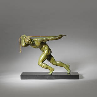 Maurice Guiraud-Riviere 'La Force', circa 1925: Maurice Guiraud-Riviere 'La Force', circa 1925 Cold-painted bronze, black slate base. 39cm high Engraved to the base Guiraud Riviere. This lot is subject to the following lot symbols: * * VAT