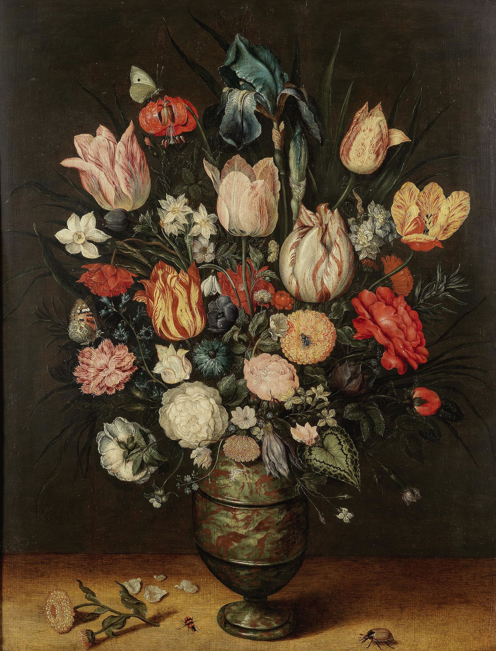 Studio of Jan Brueghel the Younger (Antwerp 1601-1678) An iris, tulips, narcissi, roses and othe...: Studio of Jan Brueghel the Younger (Antwerp 1601-1678) An iris, tulips, narcissi, roses and other flowers in a bloodstone vase with a beetle on a table-top oil on panel 66.7 x 51.5cm (26 1/4 x 20 1/4i