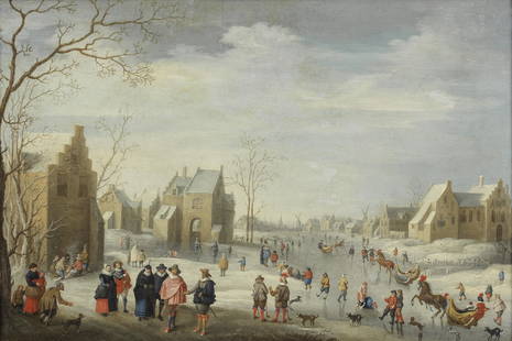 After Joost Cornelisz. Droochsloot, 18th Century A winter landscape with figures skating on a fr...: After Joost Cornelisz. Droochsloot, 18th CenturyA winter landscape with figures skating on a frozen river oil on copper26.1 x 38.1cm (10 1/4 x 15in).Footnotes:ProvenanceWith Agnew's London, early