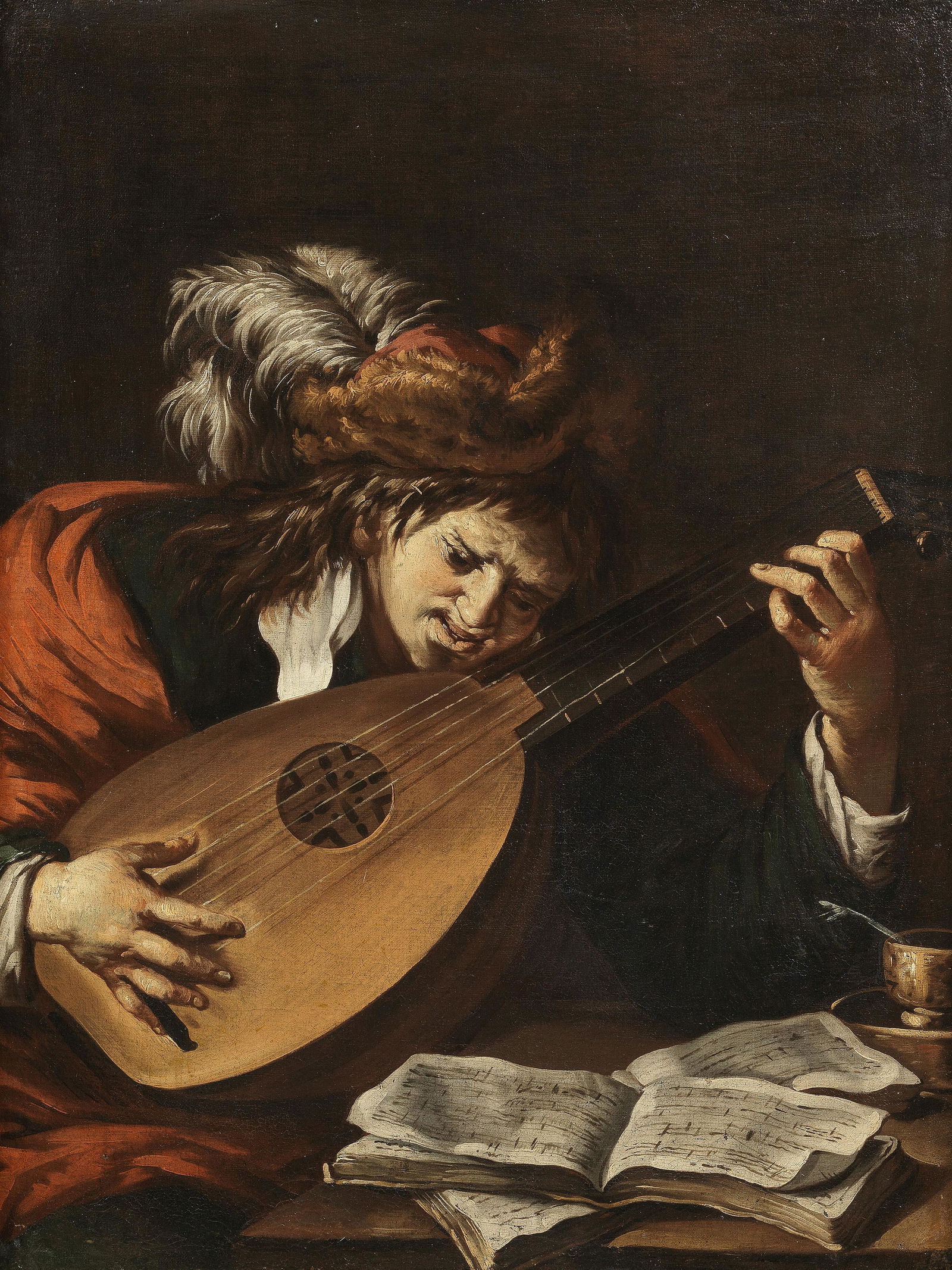 Attributed to Claude Vignon (Tours 1593-1670 Paris) A lute player: Attributed to Claude Vignon (Tours 1593-1670 Paris) A lute player oil on canvas 97.8 x 73.6cm (38 1/2 x 29in). Footnotes: Provenance Sale, Sotheby's, London, 27 October 2011, lot 61