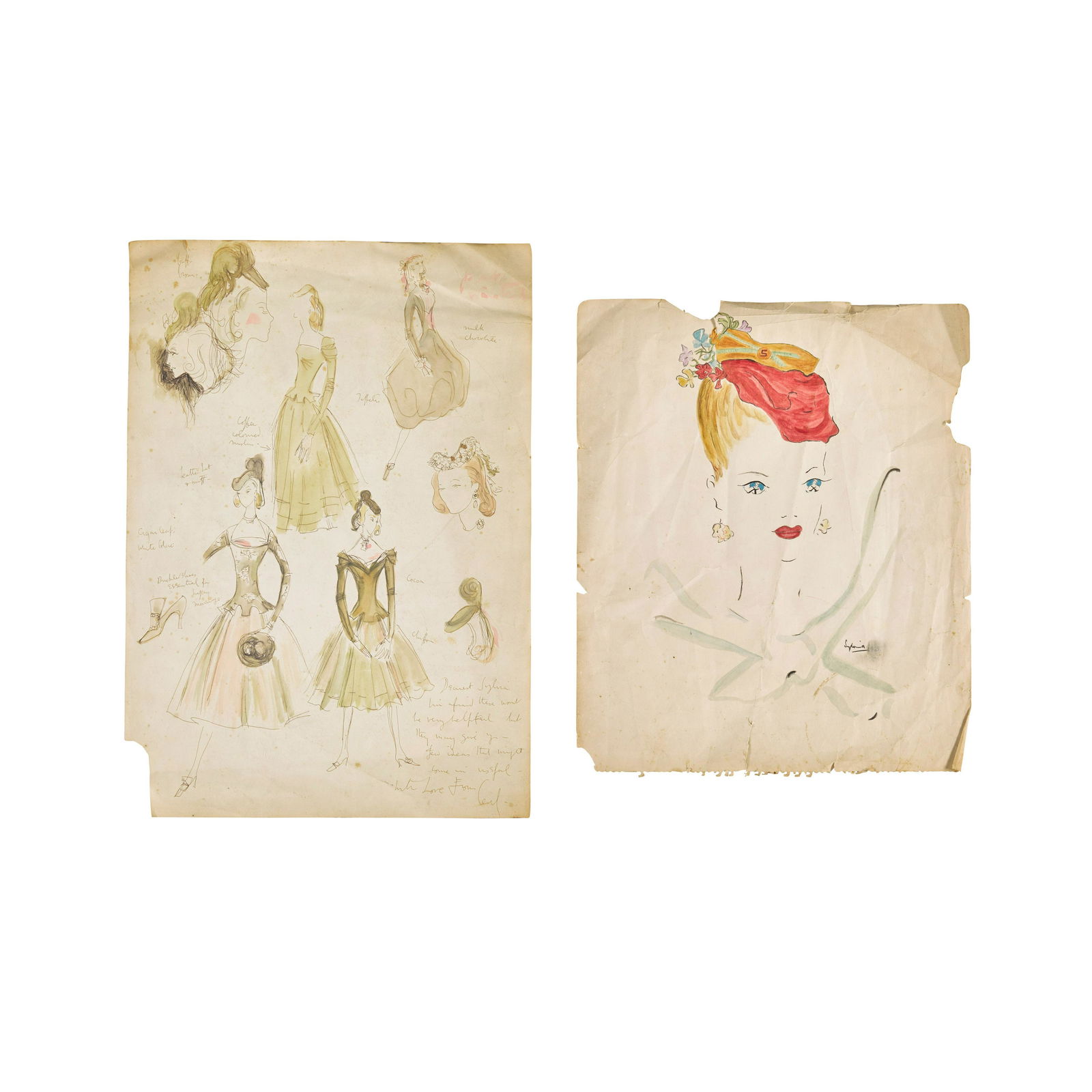 TWO CECIL BEATON DESIGN SKETCHES FOR LADY SYLVIA ASHLEY: TWO CECIL BEATON DESIGN SKETCHES FOR LADY SYLVIA ASHLEY Comprising: a fashion design sketch on paper, circa 1930s, illustrating dresses, hats, and shoes, likely for Lady Sylvia's wedding trousseau, wi