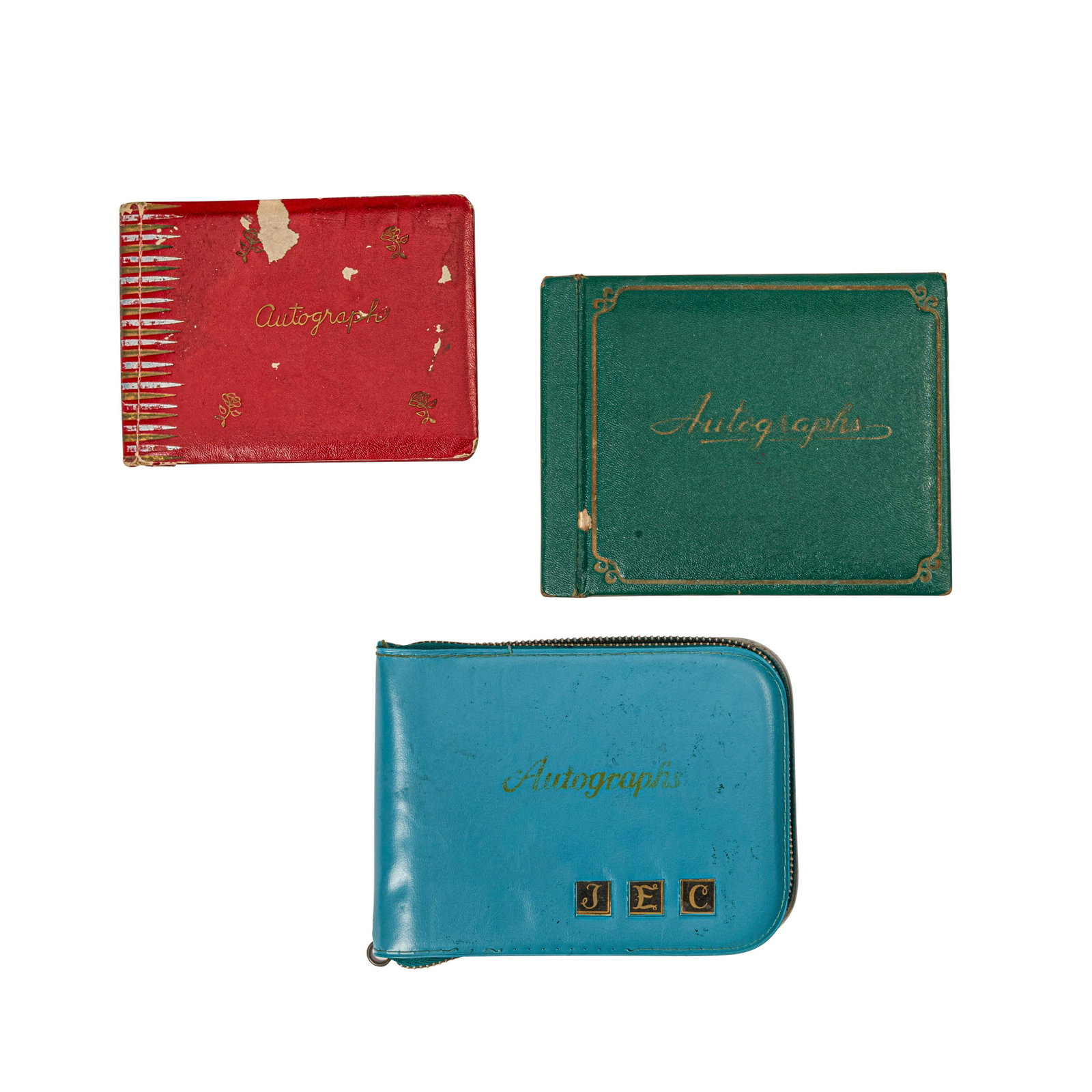 JOHNNY CRAWFORD CHILDHOOD AUTOGRAPH BOOKS, 1955-1958: JOHNNY CRAWFORD CHILDHOOD AUTOGRAPH BOOKS, 1955-1958 Three books, each embossed 'Autographs' to the front cover, one monogrammed 'J.E.C.'. Featuring signatures and personal dedications to Crawford fro