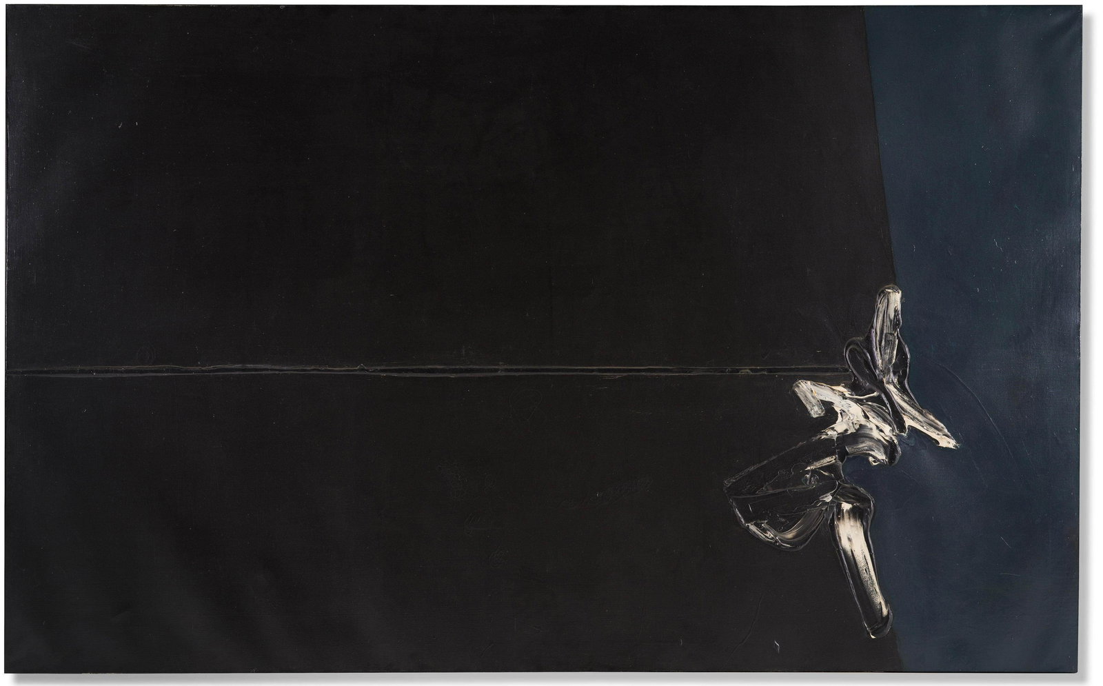 JOAN HERNÁNDEZ PIJUÁN (1931-2005) Pintura blau i negre en petit moviment 1964: JOAN HERNÁNDEZ PIJUÁN (1931-2005) Pintura blau i negre en petit moviment 1964 signé, titré et daté 1964 au revers huile sur toile signed, titled and dated 1964 on the reve