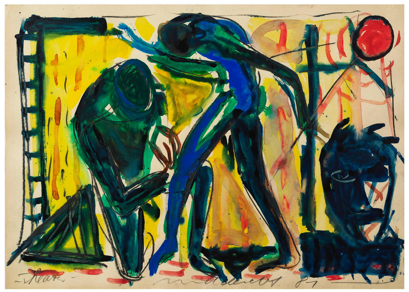 HELMUT MIDDENDORF (Né en 1953) Theater (série Blue Singer ) 1981: HELMUT MIDDENDORF (Né en 1953) Theater (série Blue Singer ) 1981 signé, titré et daté 81 gouache et crayon gras sur papier signed, titled and dated 81 gouache and wax c