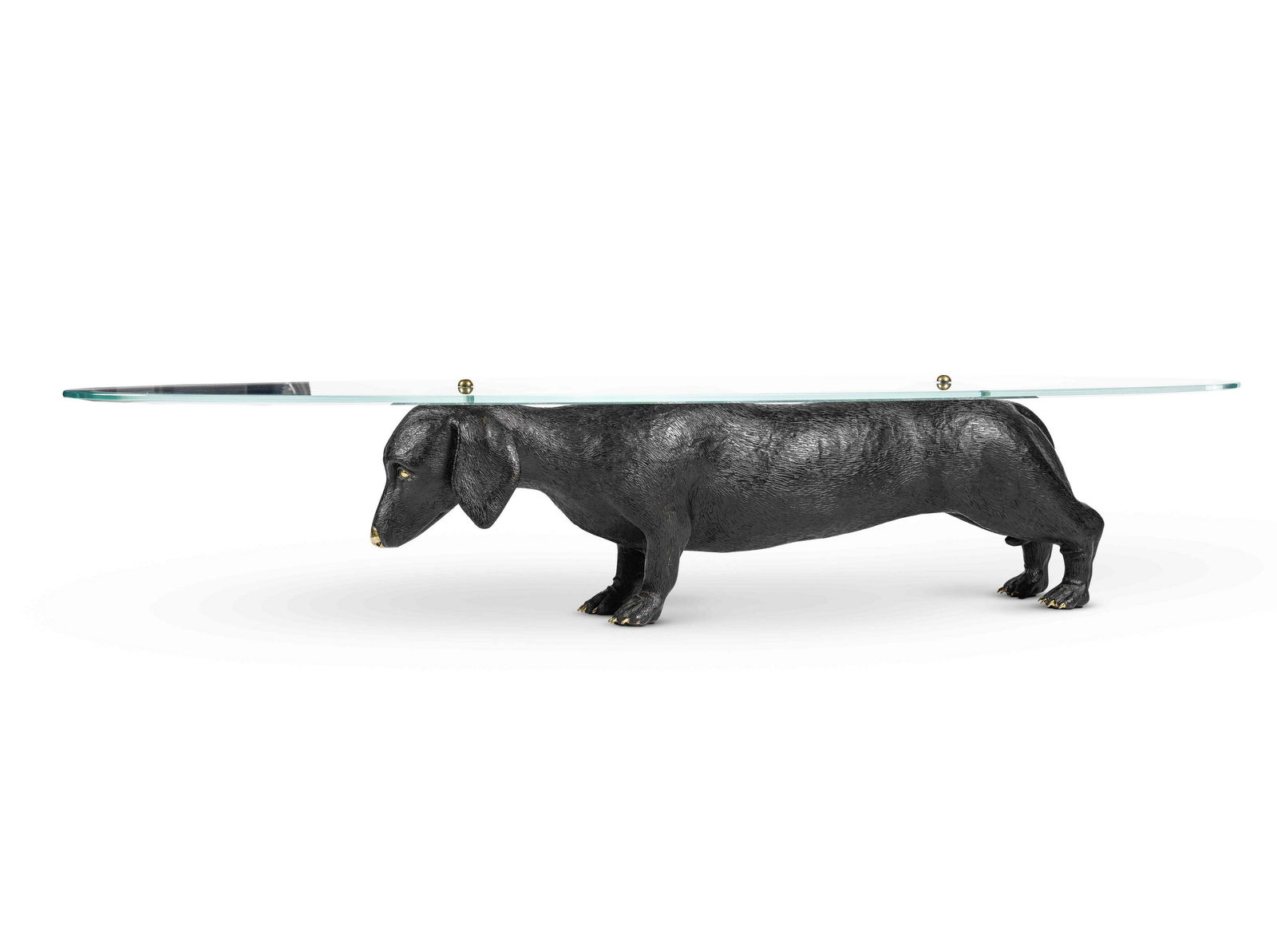 STUDIO JOB Table basse «Sausage Dog»2018Edition limitée à 8 + 2 EA, en bron...: STUDIO JOB Table basse «Sausage Dog» 2018 Edition limitée à 8 + 2 EA, en bronze patiné et poli, plateau en verre H: 28cm.(11in.); L: 50cm.(19 11/16in.); P: 150cm.(59 1/16in.).
