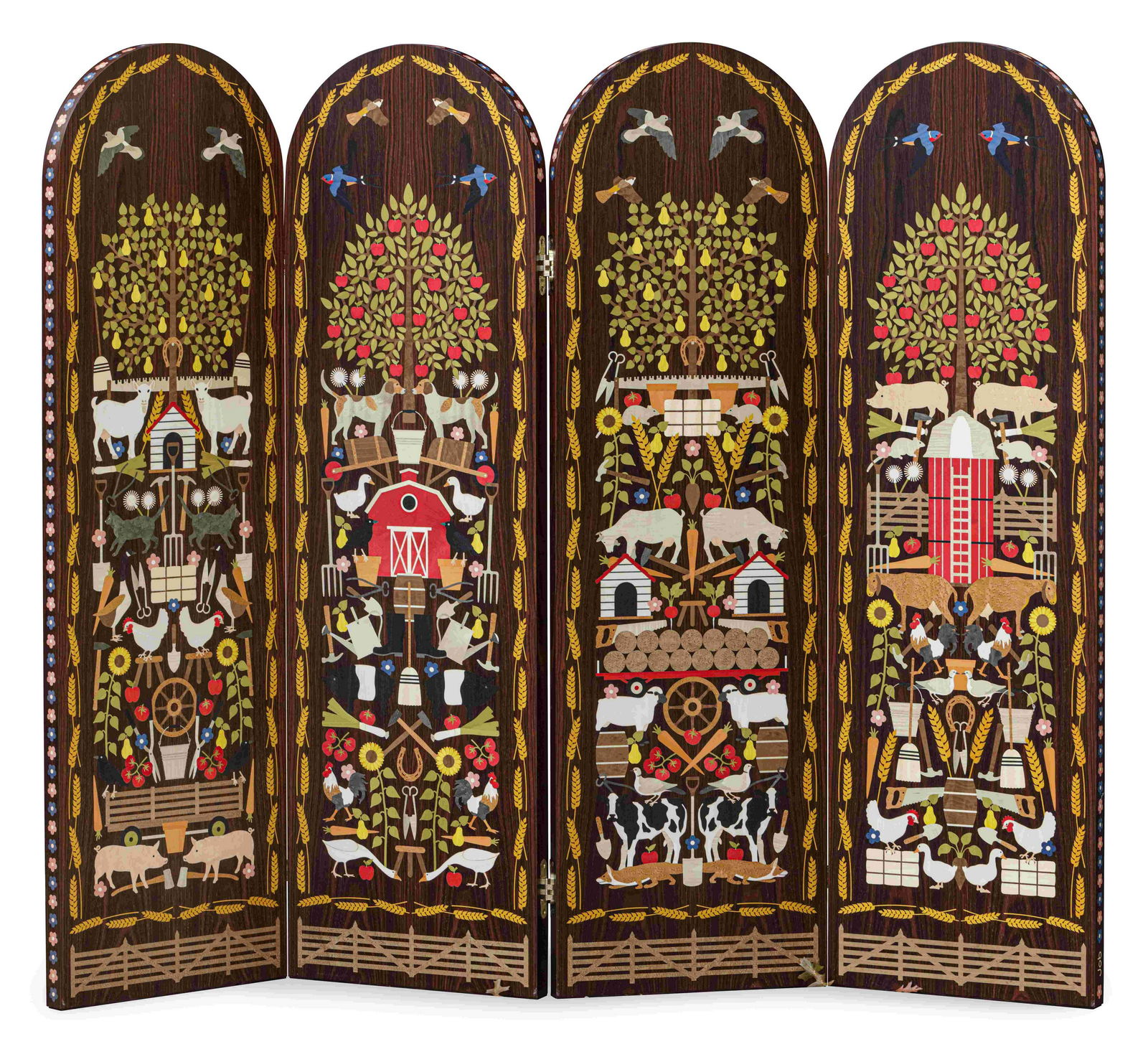 STUDIO JOB Paravent «Bavaria»2008Signé, Edition limitée à 6 exemplaire...: STUDIO JOB Paravent «Bavaria» 2008 Signé, Edition limitée à 6 exemplaires, en palissandre, placage de bois polychrome, marqueterie de bois, laiton H: 220cm.(86 5/8in.); L: 185
