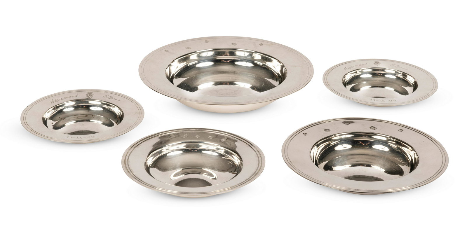 A collection of five silver Armada dishes Four marks of Carr's of Sheffield Ltd, Sheffield, 2000...: A collection of five silver Armada dishes Four marks of Carr's of Sheffield Ltd, Sheffield, 2000, 2003 and 2006 Of typical form, the fifth example marked S925, the largest diameter: 15.3cm, weight to