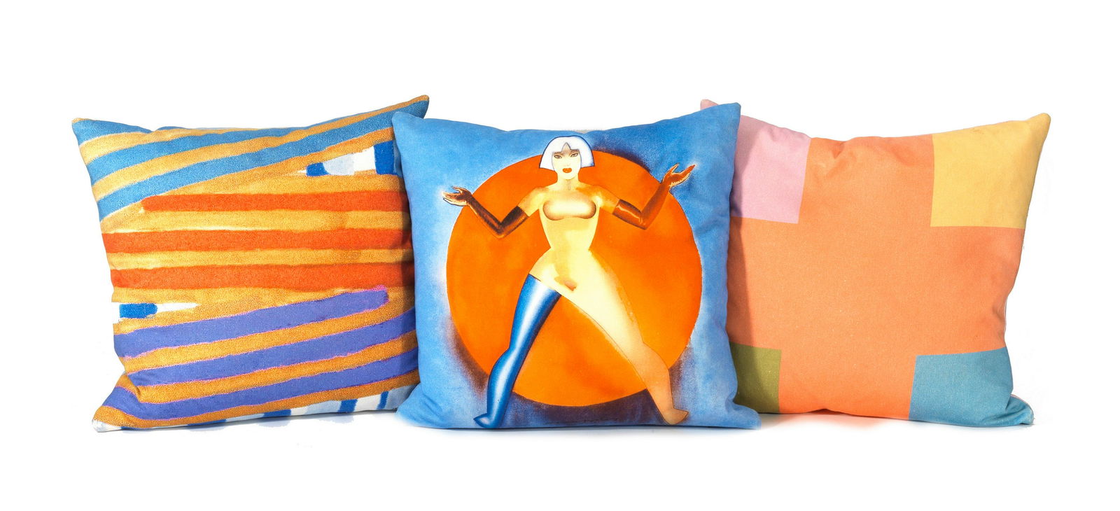 A set of three cushions, the covers featuring designs by Sir Peter Blake, Richard Smith and Alle...: A set of three cushions, the covers featuring designs by Sir Peter Blake, Richard Smith and Allen Jones commissioned by Sir Terence Conran Each cushion: 41cm wide x 13cm deep x 39cm high, (16in wide x