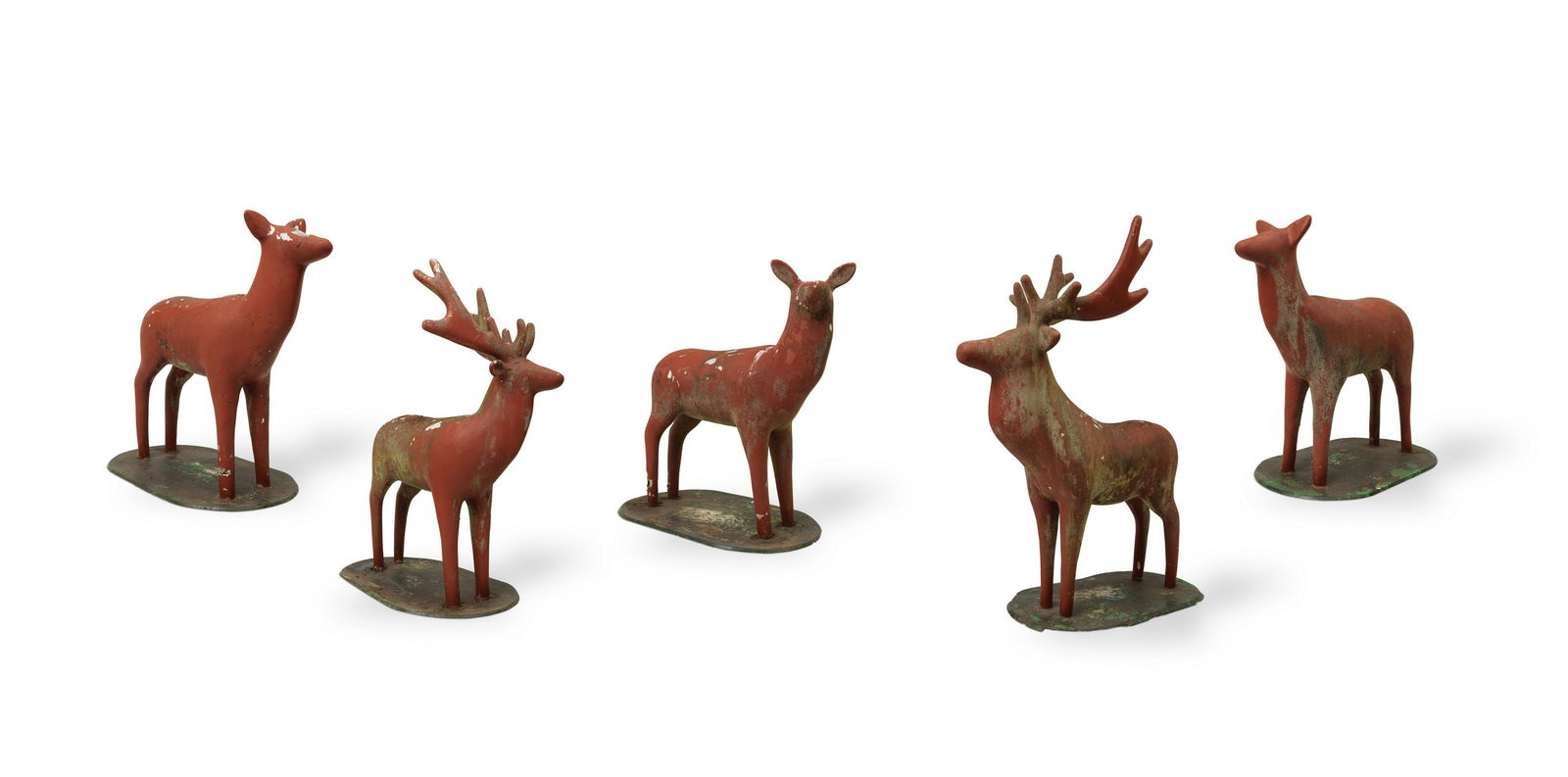 Nicholas Monro (British, 1936 - 2022) A herd of painted fibreglass Fallow deer (5): Nicholas Monro (British, 1936 - 2022) A herd of painted fibreglass Fallow deer Comprising two bucks and three doe, on oval fibreglass bases (distressed), the largest buck: 183cm wide, 91cm deep, 236.5