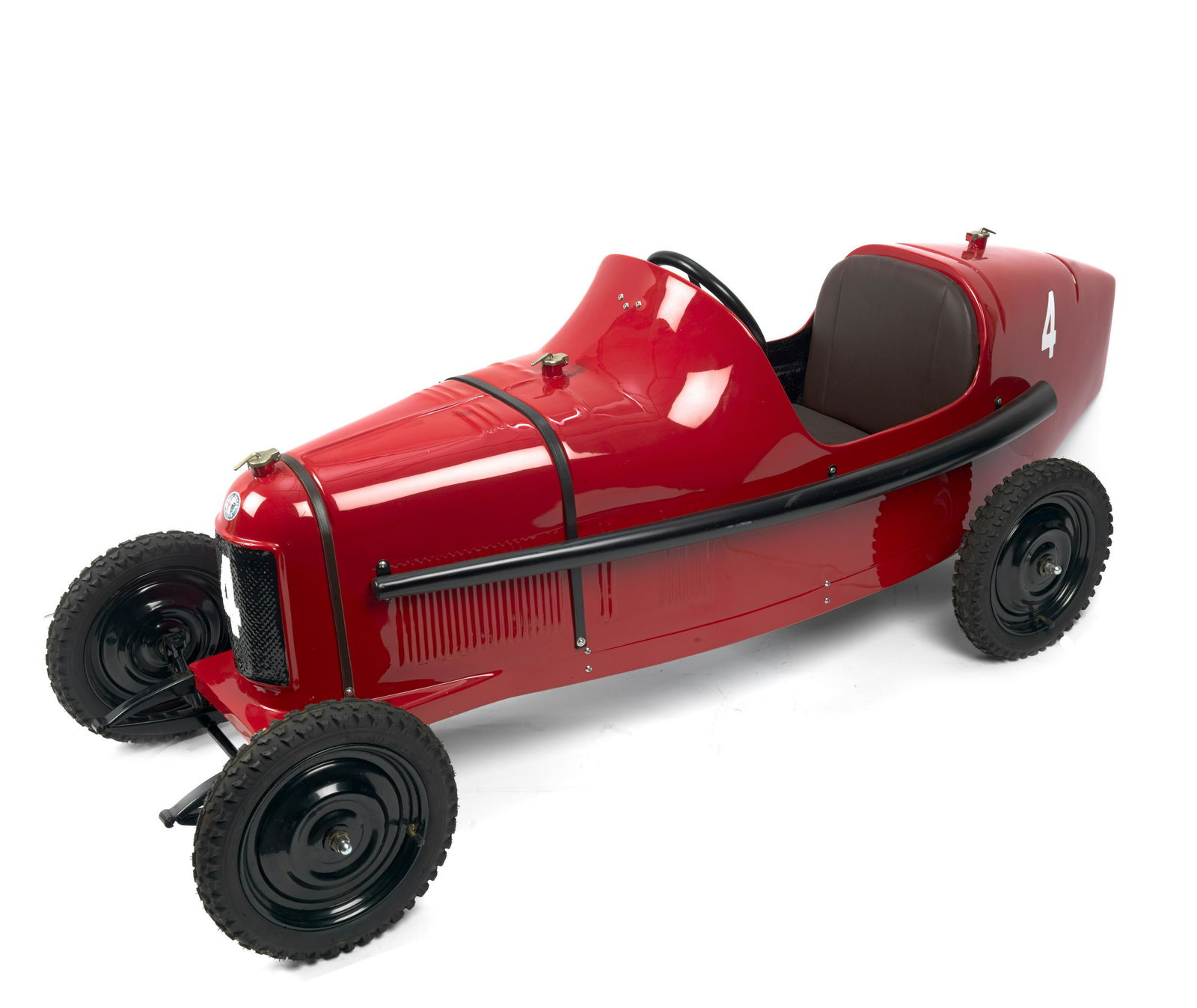An Alfa Romeo P2 pedal car, modern,: An Alfa Romeo P2 pedal car, modern, steel frame, fitted with front and rear axles, treadle pedals, and red fibreglass body, bearing white number 4. Leather bonnet straps, louver effect bonnet, moulded