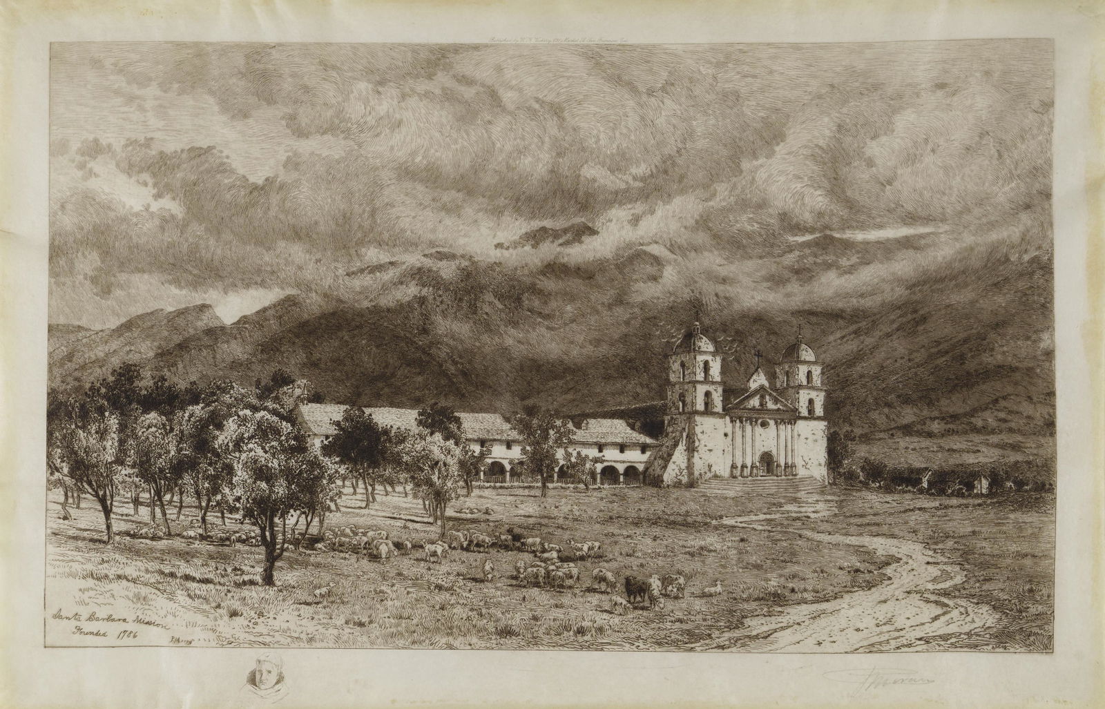 Peter Moran (1841-1914); Santa Barbara Mission;: Peter Moran (1841-1914) Santa Barbara Mission, 1886 Etching on Japan paper, signed in pencil, from an unknown edition size, published by William Kingston Vickery, San Francisco, with margins. 11 1/2 x