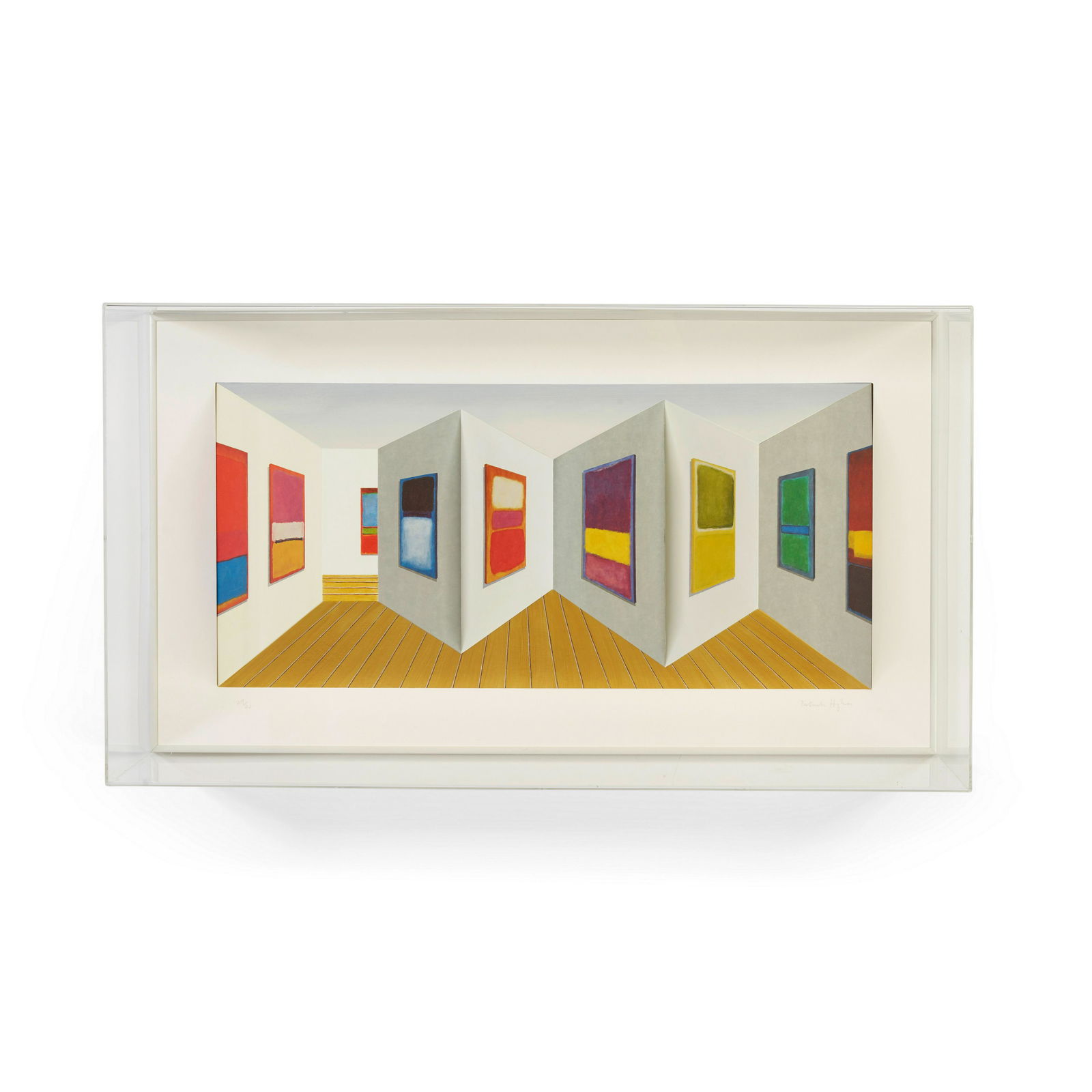 Patrick Hughes (born 1939); Mark;: Patrick Hughes (born 1939) Mark, 2001 3D lithographic multiple with hand-coloring, signed in pencil and numbered 29/40, published by Flowers Gallery, London, in the Perspex presentation box. box 17 1/