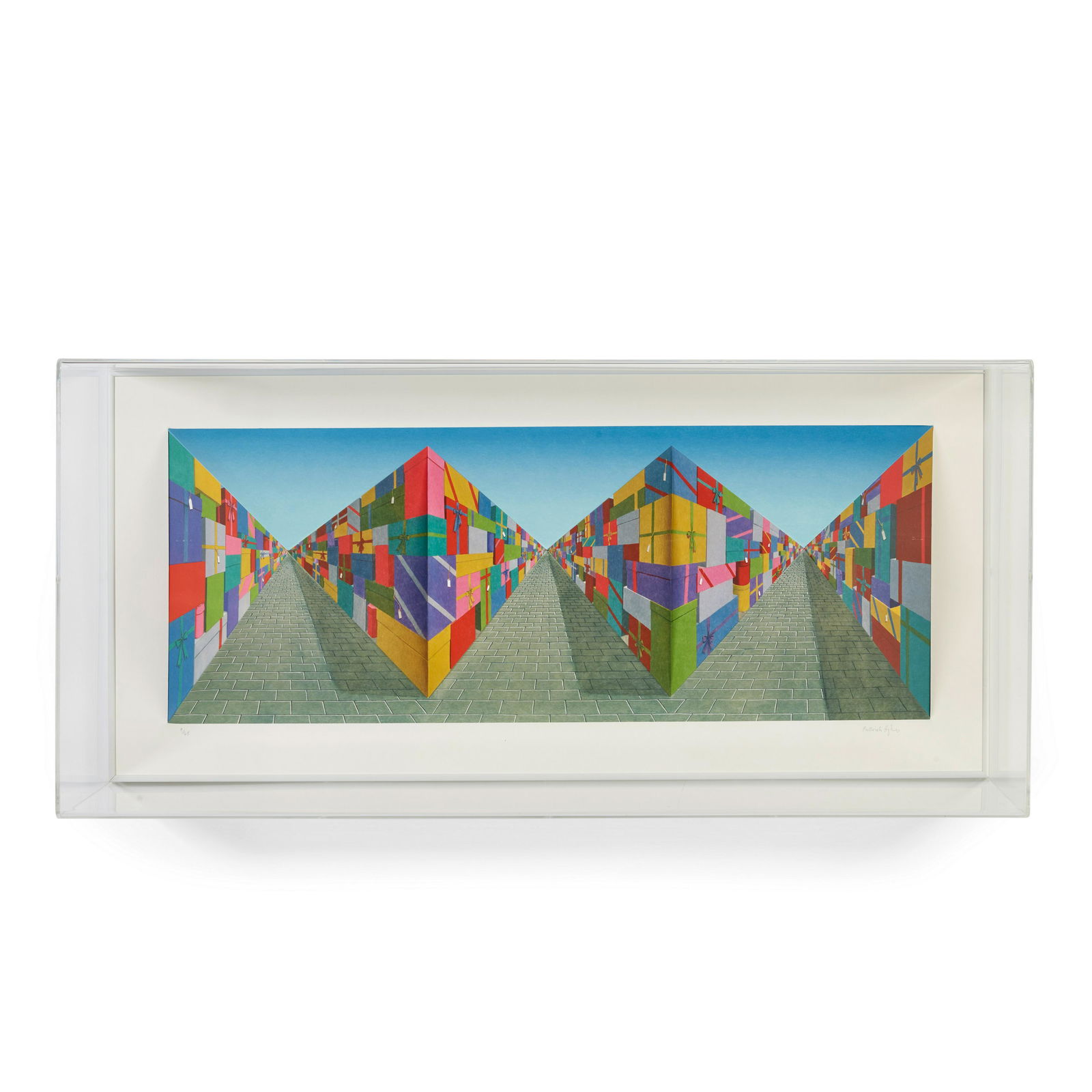 Patrick Hughes (born 1939); Gifts;: Patrick Hughes (born 1939) Gifts, 2007 3D lithographic multiple with hand-coloring, signed in pencil and numbered 7/45, in the Perspex presentation box. box 17 x 35 1/2 x 7 1/2in (43.2 x 90.2 x 19.1cm