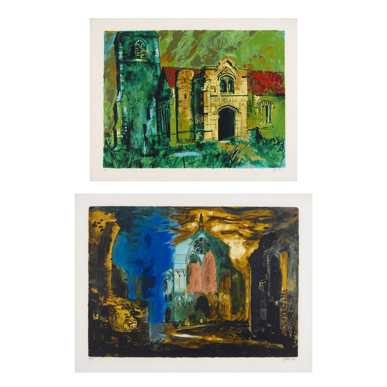 John Piper (1903-1992); Binham Abbey; Holme, Nottinghamshire; (2): John Piper (1903-1992) Binham Abbey; Holme, Nottinghamshire (Levinson 318; 373), 1981; 1985 Screenprints in colors on wove paper, each signed in pencil and numbered 55/75 and 23/70 respectively, publi