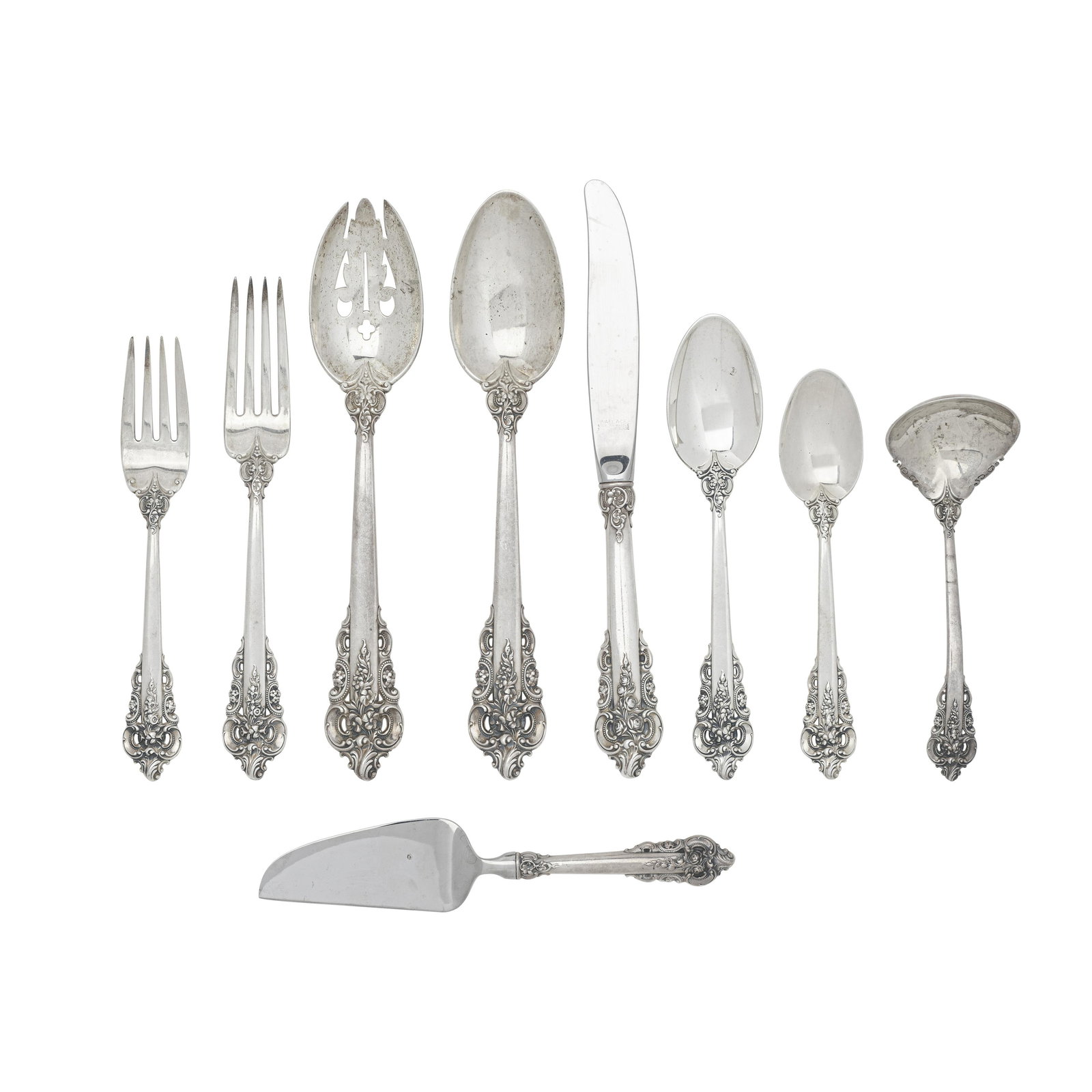 AN AMERICAN STERLING SILVER FLATWARE SERVICE FOR FOURTEEN by Wallace Silversmiths, Wallingford, CT: AN AMERICAN STERLING SILVER FLATWARE SERVICE FOR FOURTEEN by Wallace Silversmiths, Wallingford, CT In the Grand Baroque pattern, comprising fourteen dinner forks, fourteen oval soup spoons, fourteen