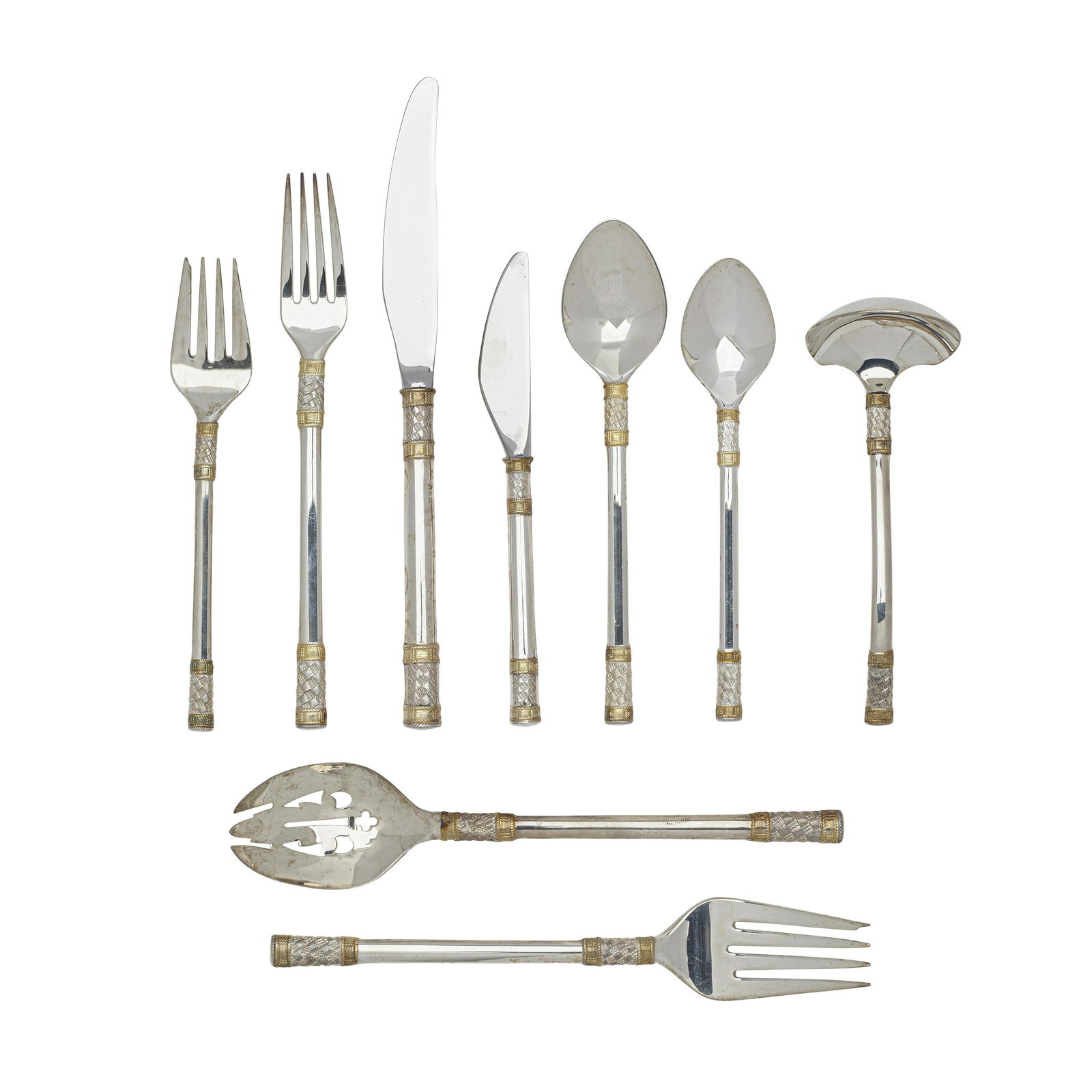 AN AMERICAN STERLING SILVER PARTIAL FLATWARE SERVICE FOR NINE by Wallace Silversmiths, Wallingfo...: AN AMERICAN STERLING SILVER PARTIAL FLATWARE SERVICE FOR NINE by Wallace Silversmiths, Wallingford, CT In the Golden Aegean Weave pattern, comprising nine dinner forks, nine oval soup spoons, nine di