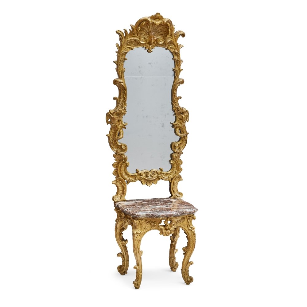 A VENETIAN ROCOCO GILTWOOD MIRROR WITH INTEGRATED MARBLE TOP GILTWOOD TABLE18th century and later (1 of 1)