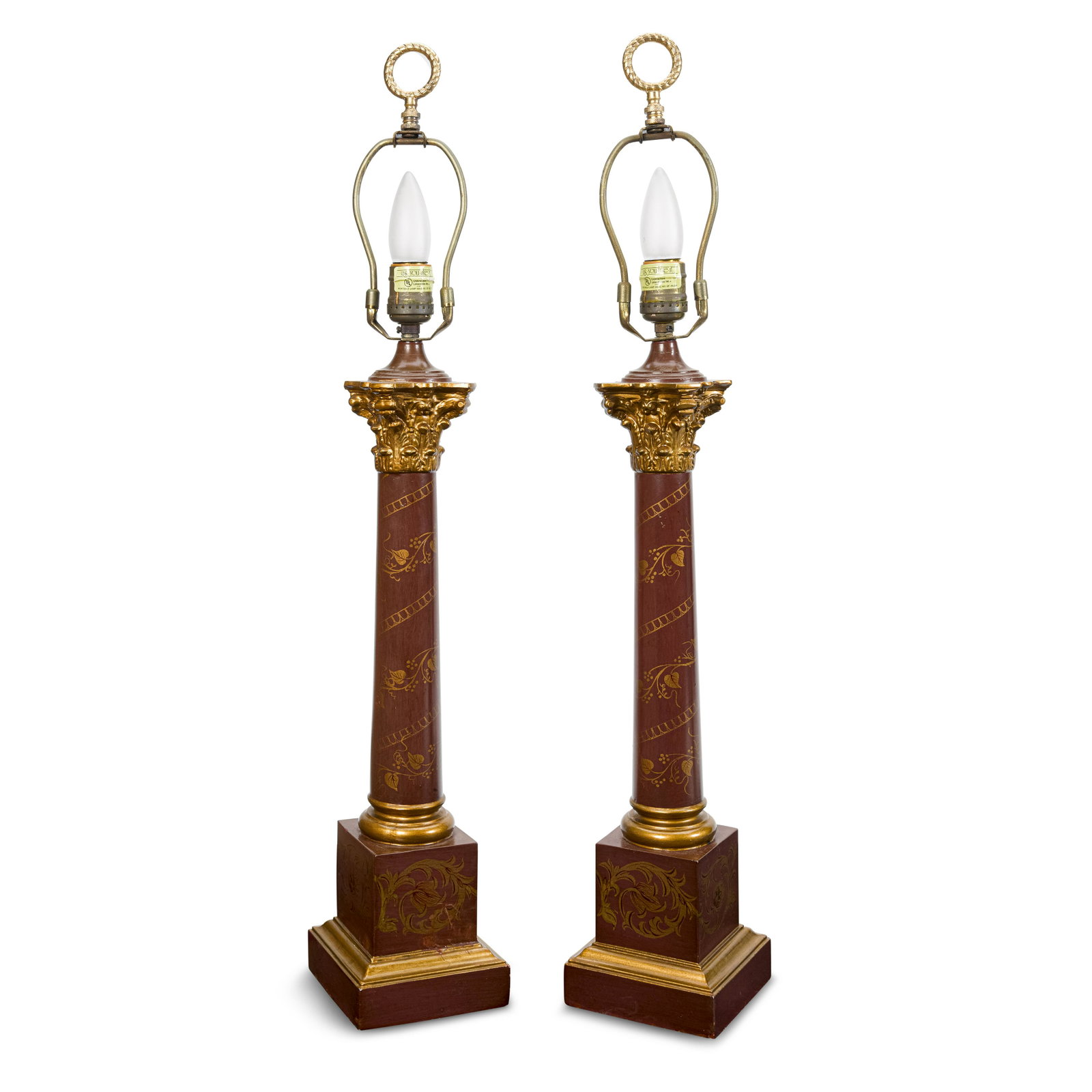 A PAIR OF NEOCLASSICAL STYLE PAINTED AND GILTWOOD COLUMNAR LAMPSContemporary: A PAIR OF NEOCLASSICAL STYLE PAINTED AND GILTWOOD COLUMNAR LAMPS Contemporary height 19in (48cm) Lot to be sold without reserve.