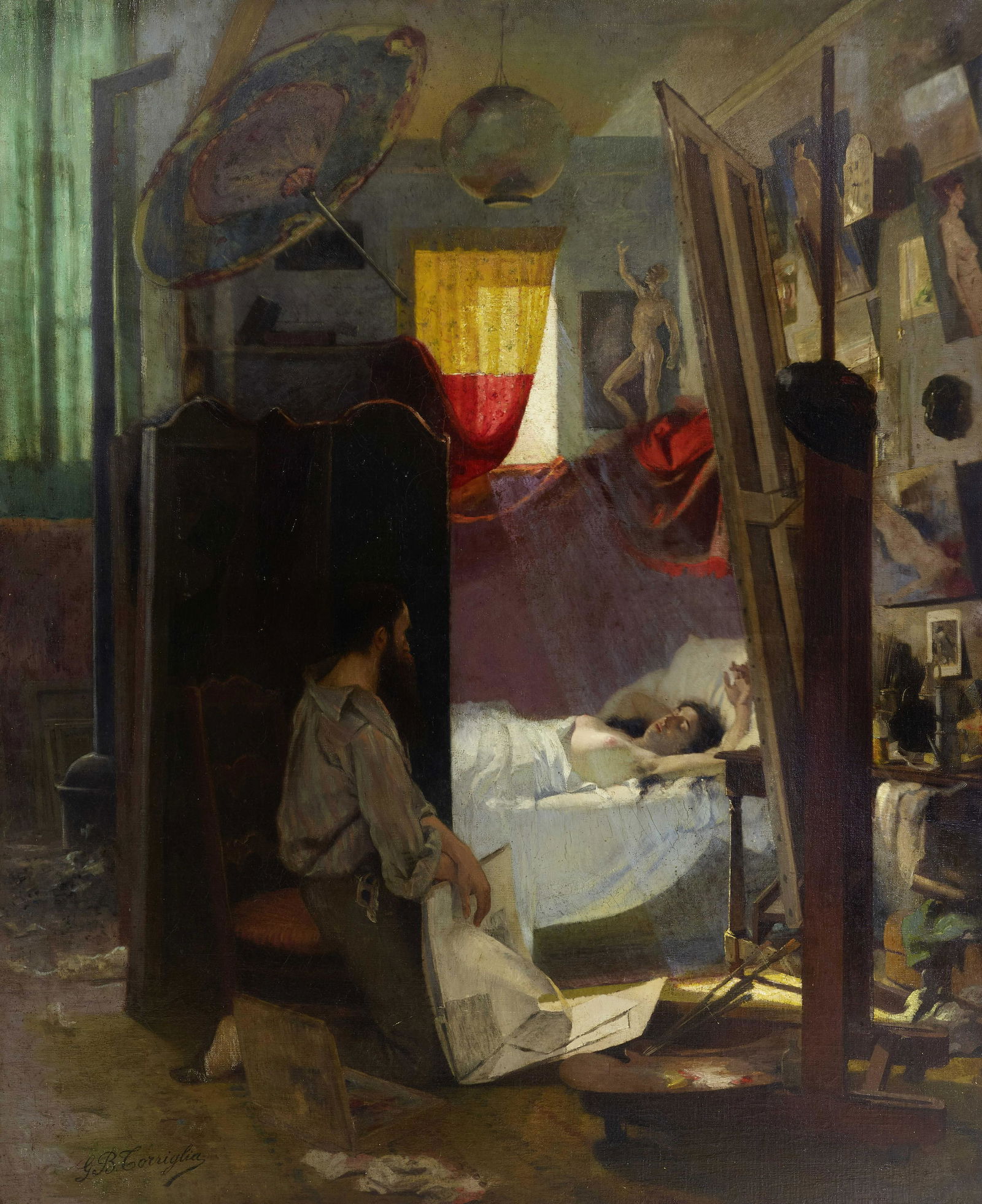 Giovanni Battista Torriglia (Italian, 1858-1937) The artist's studio 65 x 52 1/2in (165.2 x 133....: Giovanni Battista Torriglia (Italian, 1858-1937) The artist's studio signed 'G B Torriglia' (lower left) oil on canvas 65 x 52 1/2in (165.2 x 133.4cm) Footnotes: Provenance Private collection, Los Ang