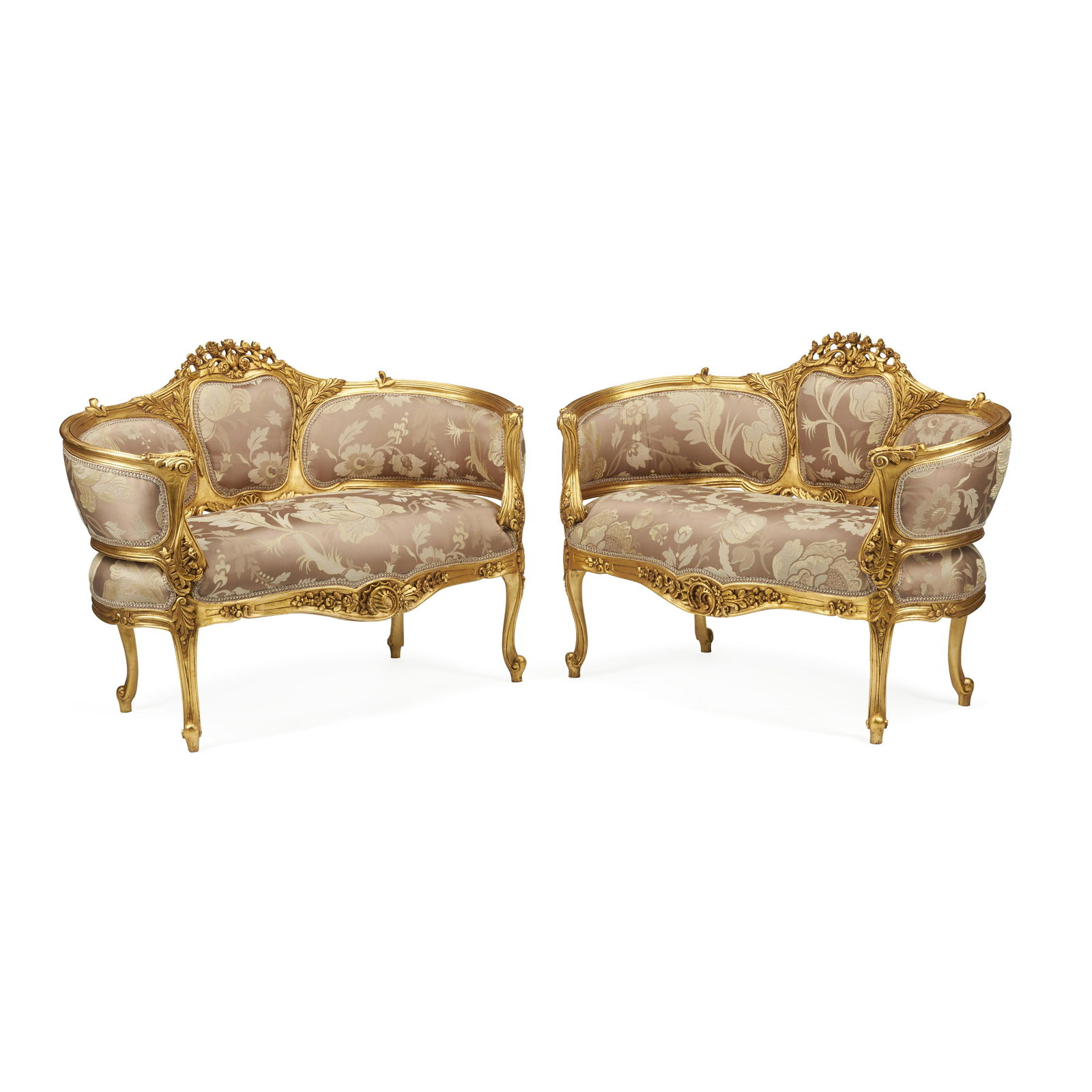 A PAIR OF LOUIS XV STYLE GILTWOOD SETTEES: A PAIR OF LOUIS XV STYLE GILTWOOD SETTEES height 34 1/2in (88cm); width 49 1/2in (126cm); depth 24in (61cm)
