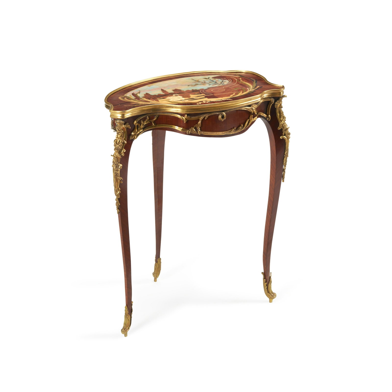 A LOUIS XV STYLE GILTWOOD MOUNTED AND INLAID TABLE: A LOUIS XV STYLE GILTWOOD MOUNTED AND INLAID TABLE height 29in (74cm); width 23in (59cm); depth 14in (36cm)