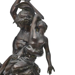 A PATINATED BRONZE FIGURAL GROUP OF THE RAPE OF POLYXENACast after a model by Pio Fedi (Italian,...: A PATINATED BRONZE FIGURAL GROUP OF THE RAPE OF POLYXENA Cast after a model by Pio Fedi (Italian, 1816-1892) On a green marble base. height of figure 21 1/4in (54cm); height overall 23 1/4in (59cm); w
