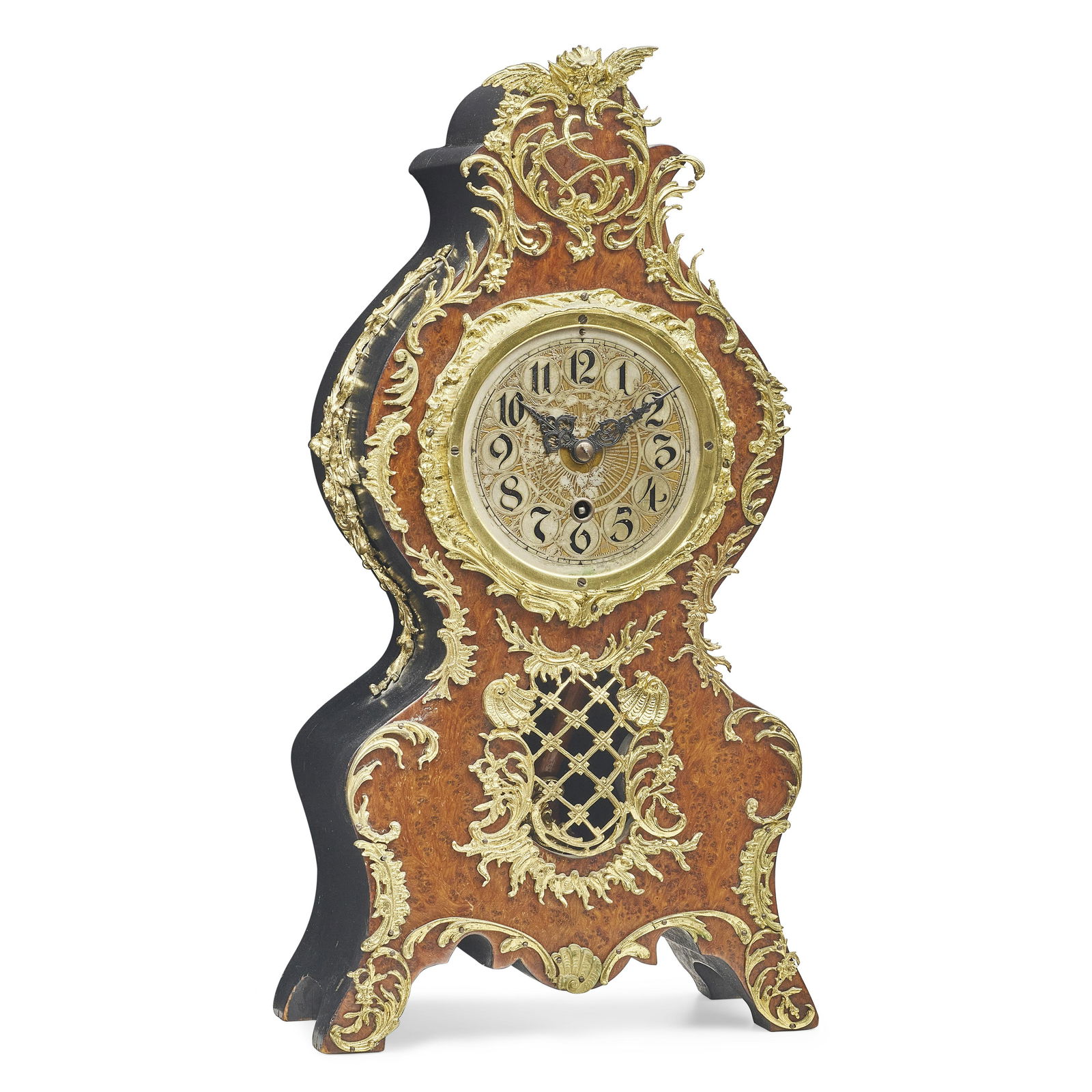 A GERMAN ROCOCO STYLE GILT METAL MOUNTED BURLWOOD MANTEL CLOCKLate 19th century (1 of 1)