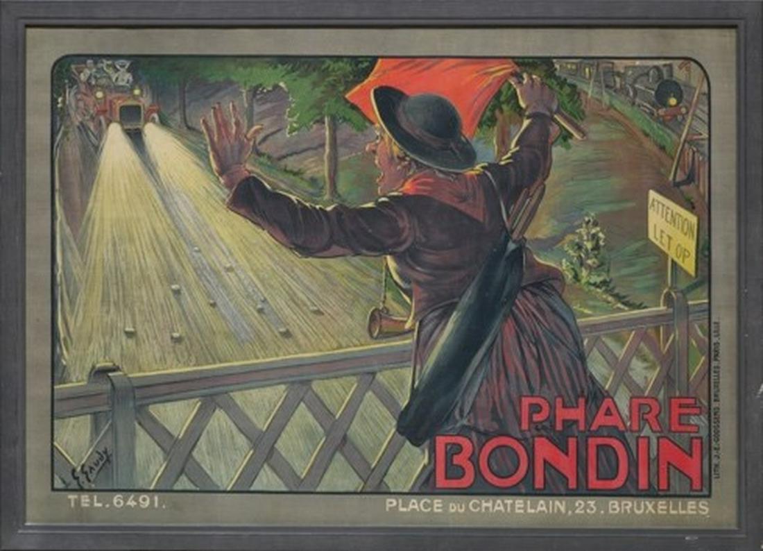 Georges GAUDY (1872-1941) BONDIN Headlamps 60 x 89 cm: Georges GAUDY (1872-1941)BONDIN Headlamps Phare BONDIN Promotional lithograph of Bondin Headlamps, Place du Chatelain, Brussels. Edition Lith. J-E Goossens, circa 1900. Signed lower left G.Gaudy. Fram