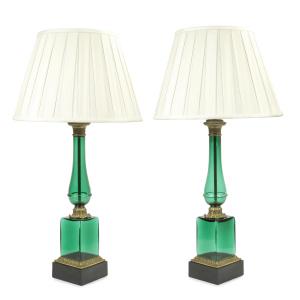 A pair of mid 20th century gilt brass mounted and moulded green glass table lamps in the Empire ... (1 of 1)