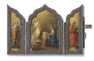 A RUSSIAN SILVER-GILT AND ENAMEL TRIPTYCH ICON Brothers Grachev firm, St. Petersburg, c. 1896: A RUSSIAN SILVER-GILT AND ENAMEL TRIPTYCH ICON Brothers Grachev firm, St. Petersburg, c. 1896 the central panel painted with the scene of Annunciation, the left wing with St Peter, the right with St P