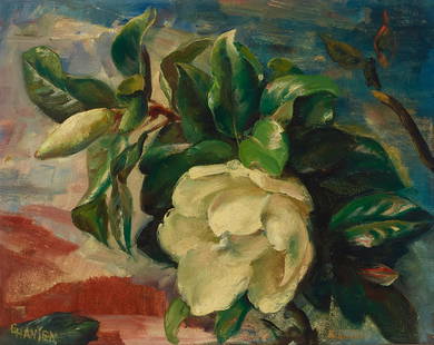 Ejnar Hansen (1884-1965) Magnolias 16 x 20 in. framed 22 x 26 in.: Ejnar Hansen (1884-1965) Magnolias signed with conjoined initials 'EHansen' (lower right) and signed again (on the reverse) oil on board 16 x 20 in. framed 22 x 26 in. Footnotes: Provenance