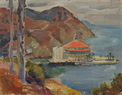 Ejnar Hansen (1884-1965) Avalon Bay 8 x 10 in. unframed: Ejnar Hansen (1884-1965)Avalon Bay unsigned and titled on a label (on the reverse) oil on Masonite8 x 10 in.unframedFootnotes:ProvenanceVirginia Steele Scott Collection.Private Trust, Santa Barbara,