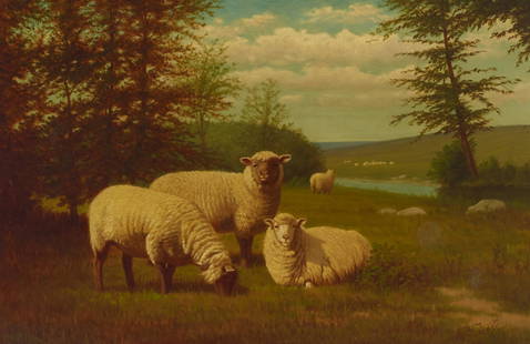 Arthur Fitzwilliam Tait (1819-1905) Three Sheep in a Field 12 x 18 in. framed 18 x 24 in.: Arthur Fitzwilliam Tait (1819-1905)Three Sheep in a Field signed 'A.F. Tait' (lower right)oil on canvas laid to Masonite 12 x 18 in. framed 18 x 24 in.Footnotes:ProvenanceThe Estate of Soloman