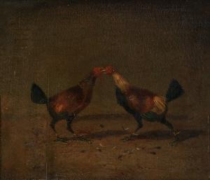 Attributed to Henry Thomas Alken (British, 1785-1851) A set of four cock fighting paintings: eac...: Attributed to Henry Thomas Alken (British, 1785-1851) A set of four cock fighting paintings: Set too, Fight, Knock down, Death oil on panel each 17.5 x 20.7cm (6 7/8 x 8 1/8in). (4)