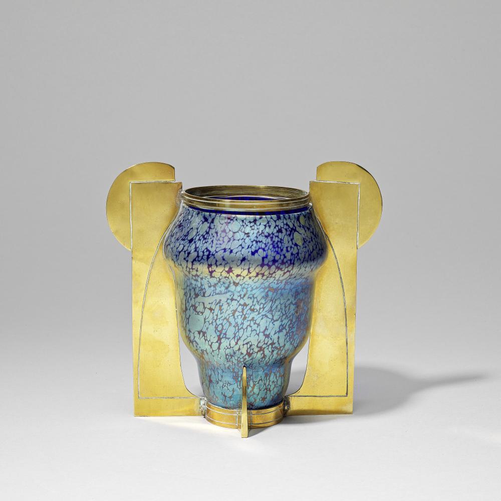 Loetz Iridescent cobalt Papillon vase with brass handles, circa 1900 (1 of 1)